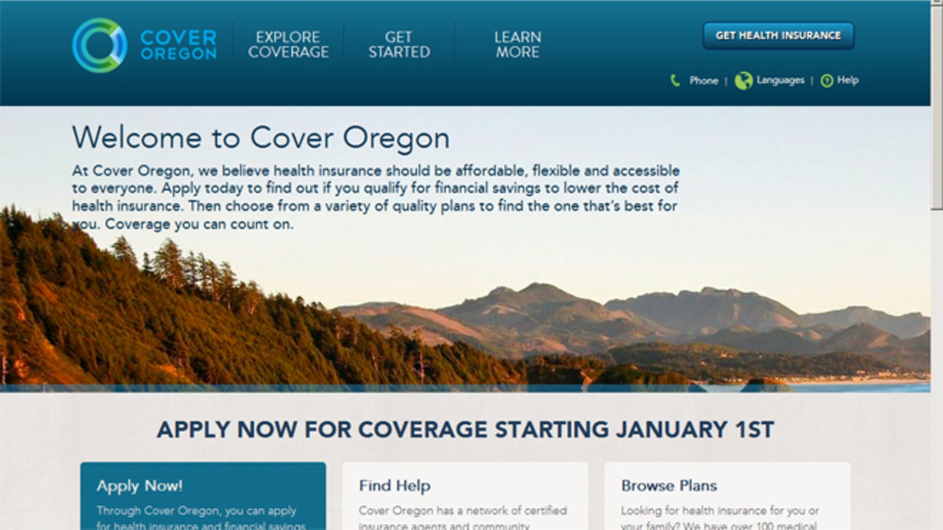 File: Nov. 18, 2013: A screen shot of the Oregon-run ObamaCare website.