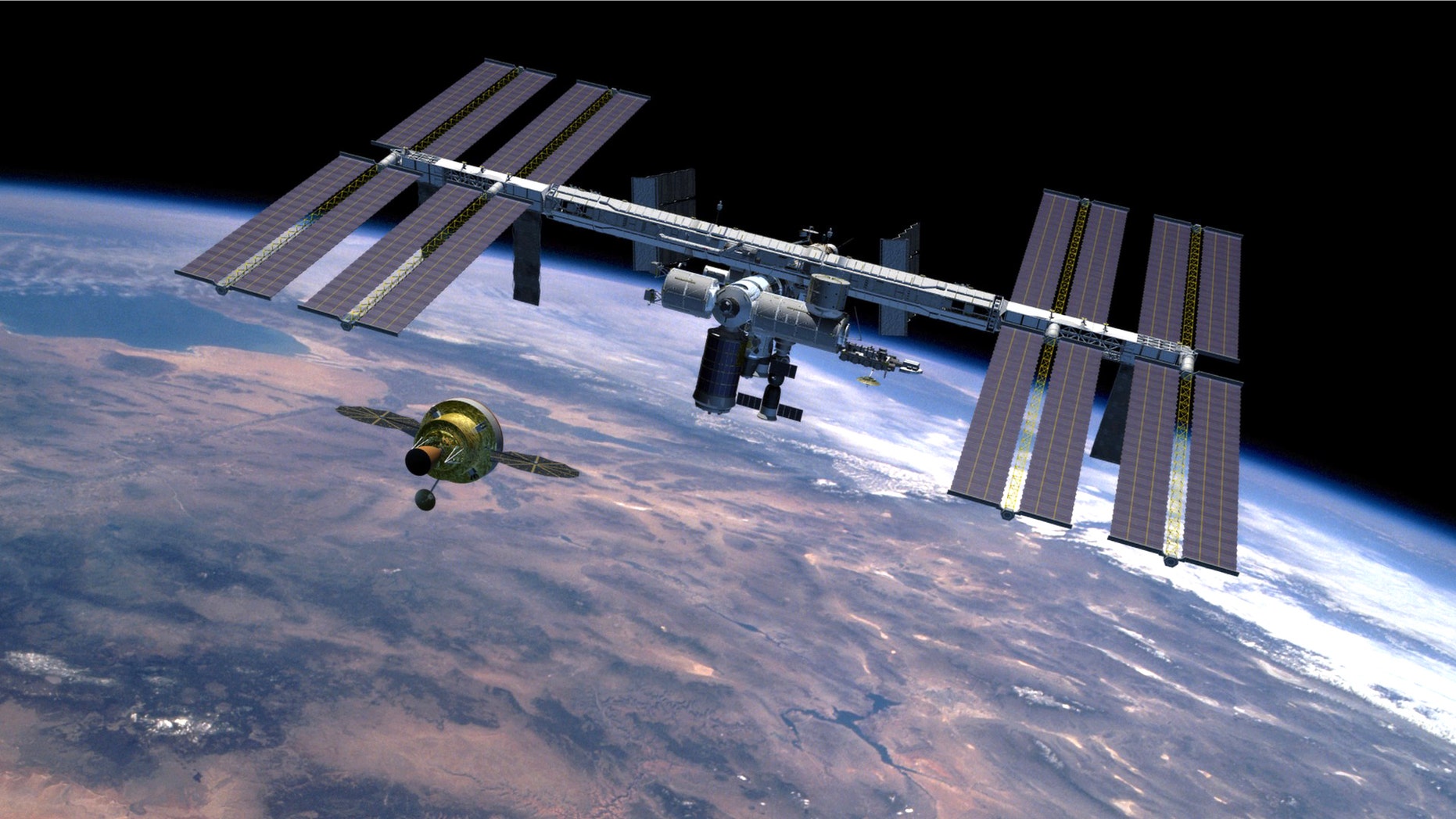 The Orion spacecraft, intended to return humans to the moon and prepare for future voyages to Mars and other destinations in our solar system. This artist's rendering represents a concept of the Orion spacecraft approaching the International Space Station in Earth-orbit.