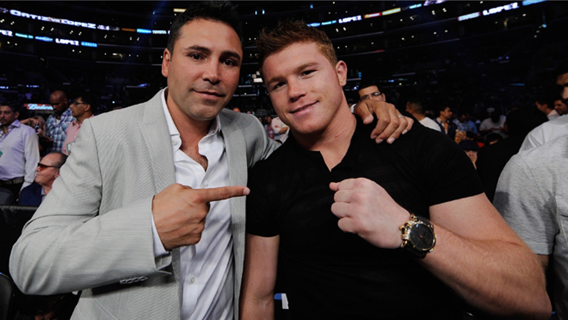 Oscar De La Hoya and Mexican boxer Canelo Alvarez on June 23, 2012 in Los Angeles, California.