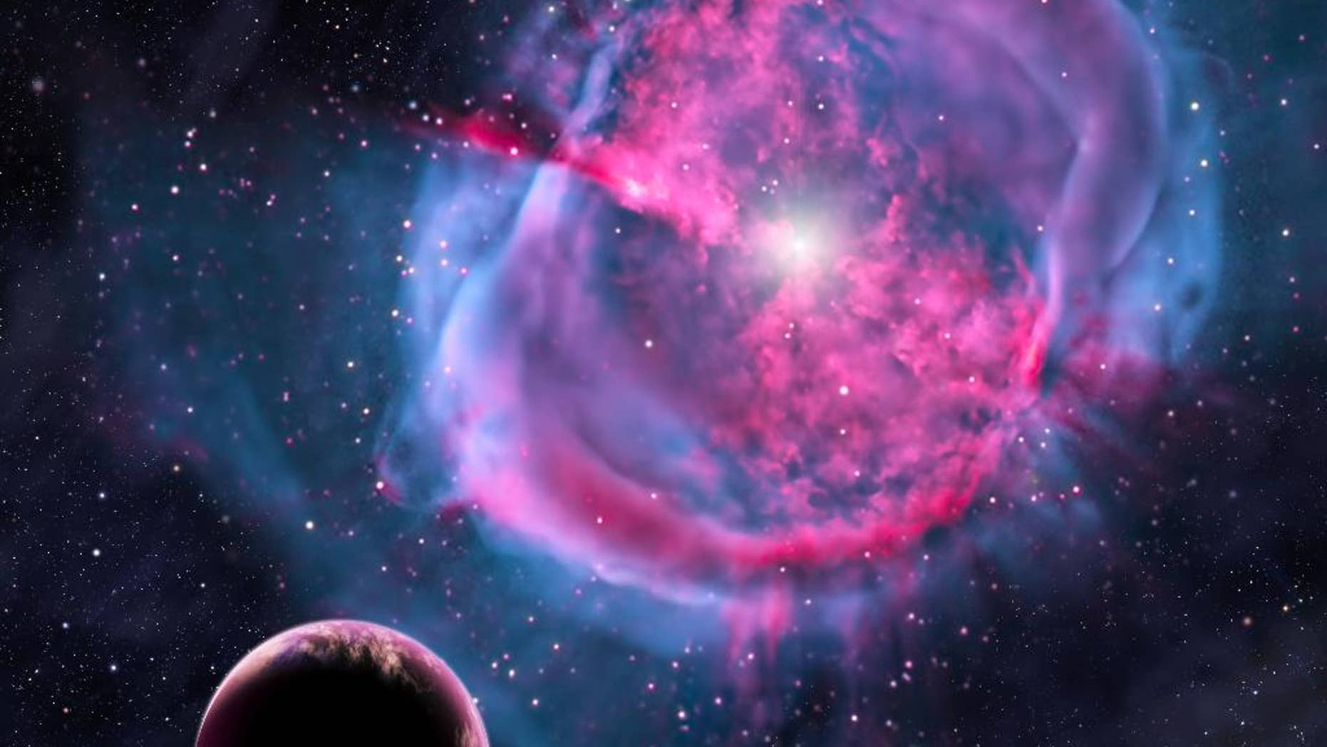 This artist’s conception provided by the Harvard-Smithsonian Center for Astrophysics depicts an Earth-like planet orbiting an evolved star that has formed a stunning “planetary nebula.” Earlier in its life, this planet may have been like one of the eight newly discovered worlds orbiting in the habitable zones of their stars. (AP Photo/Harvard-Smithsonian Center for Astrophysics, David A. Aguilar)
