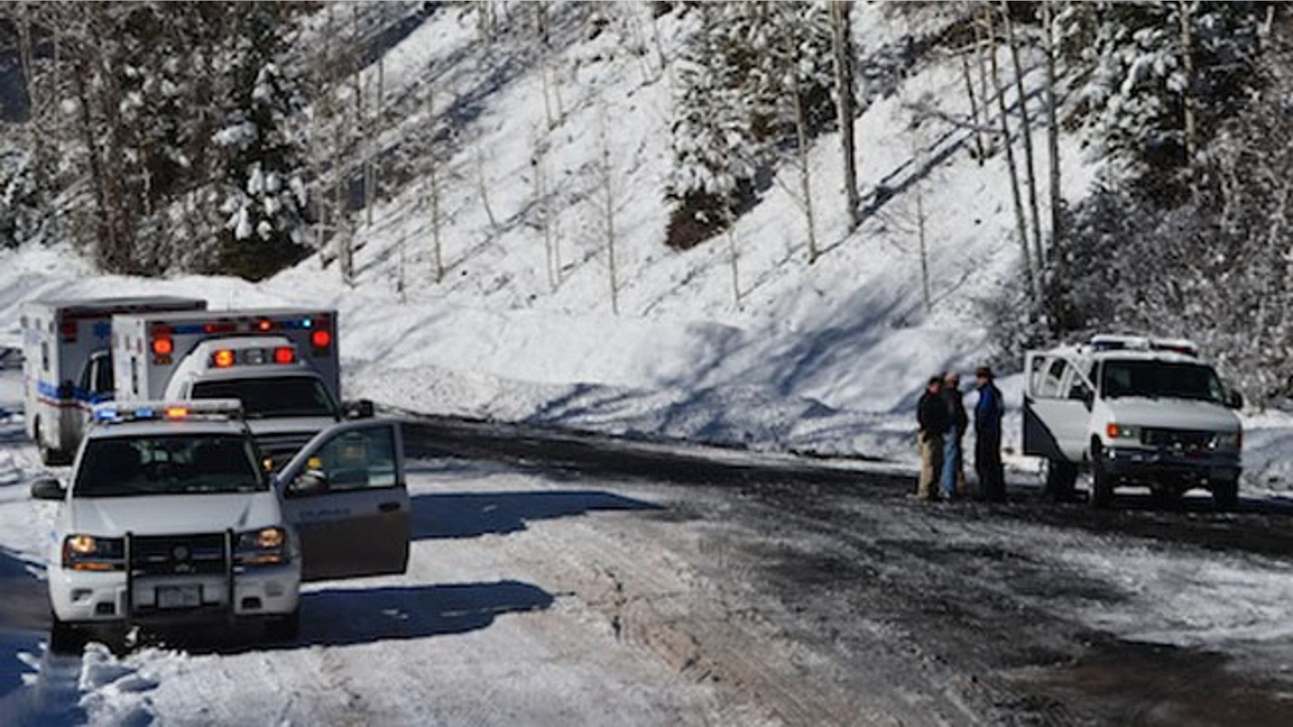 November 17, 2013: Emergency vehicles block the road near the Revenue-Virginius mine near Ourand, Colo. after an accident that killed two miners and injured 20 others. (Courtesy OurayNews.com)