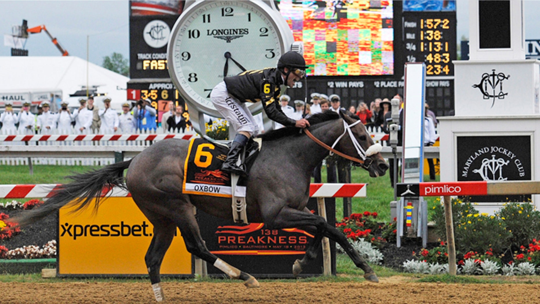May 18, 2013: Oxbow, ridden by jockey Gary Stevens, wins the 138th Preakness Stakes horse race at Pimlico Race Course in Baltimore.