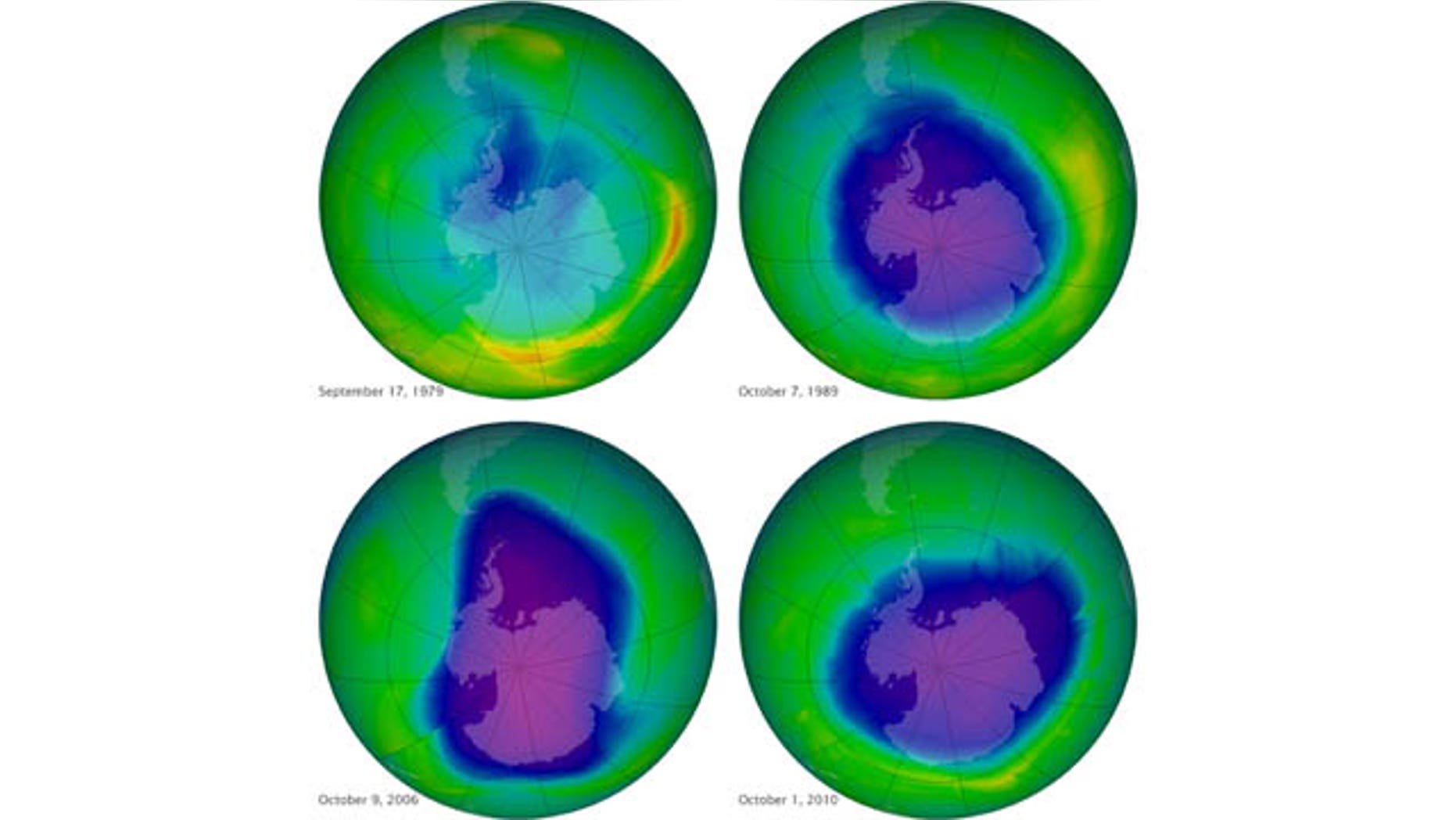 This undated image provided by NASA shows the ozone layer over the years, Sept. 17, 1979, top left, Oct. 7, 1989, top right, Oct. 9, 2006, lower left, and Oct. 1, 2010, lower right. Earth's protective, but fragile ozone layer is finally starting to rebound, says a United Nations panel of scientists. (AP Photo/NASA)