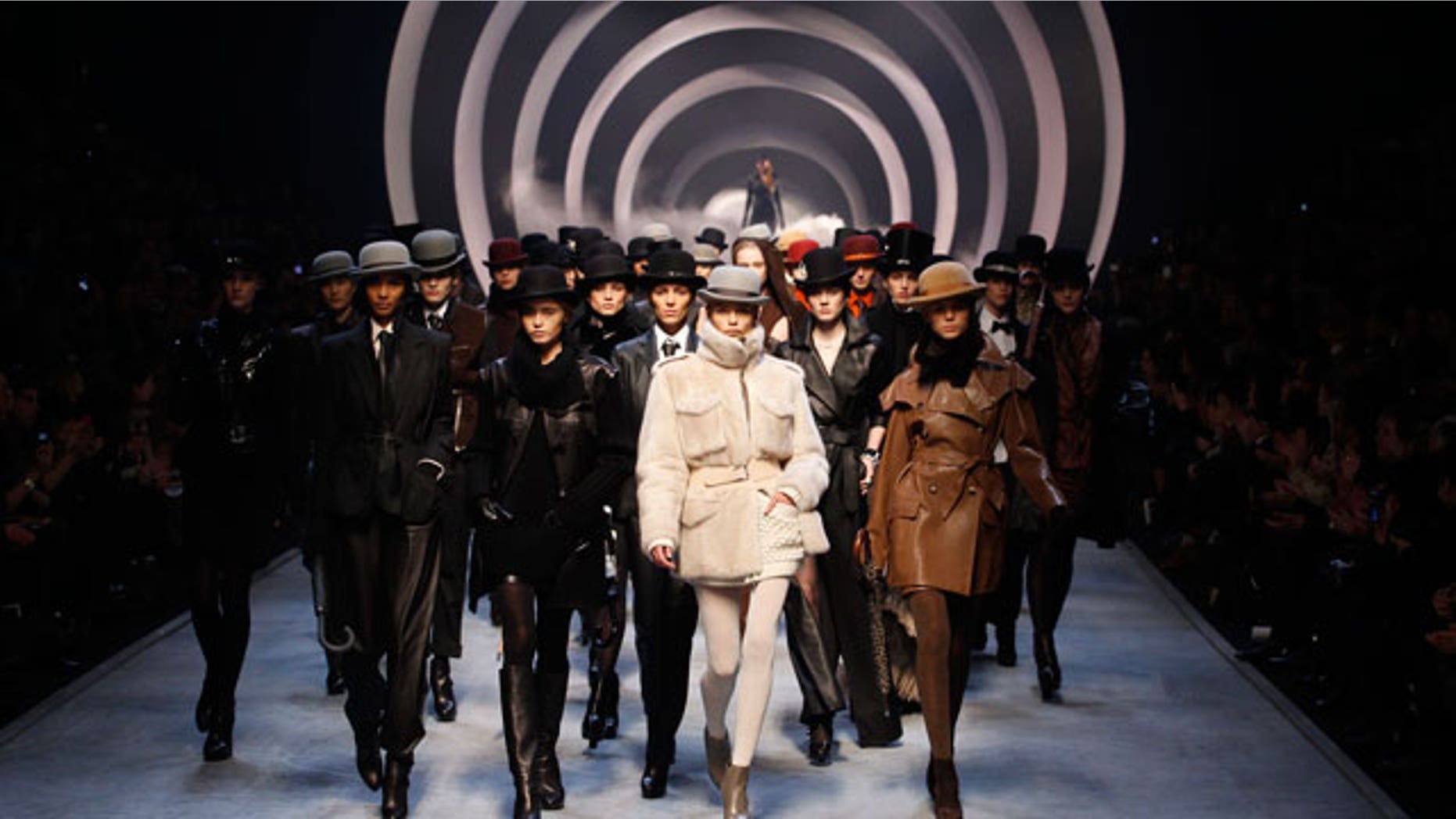Models work the runway in the Jean Paul Gaultier for Hermes show during Paris Fashion Week last year.