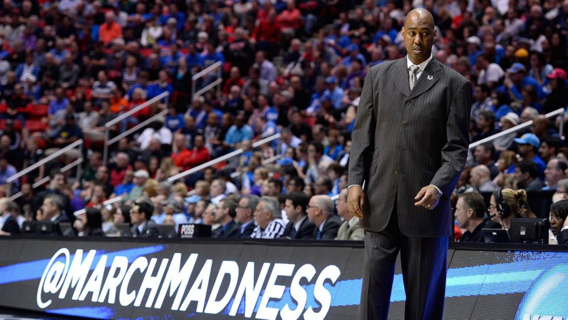 Mar 21, 2014; San Diego, CA, USA; Tulsa Golden Hurricane head coach Danny Manning in the first half of a men's college basketball game during the second round of the 2014 NCAA Tournament against the UCLA Bruins at Viejas Arena. Mandatory Credit: Christopher Hanewinckel-USA TODAY Sports