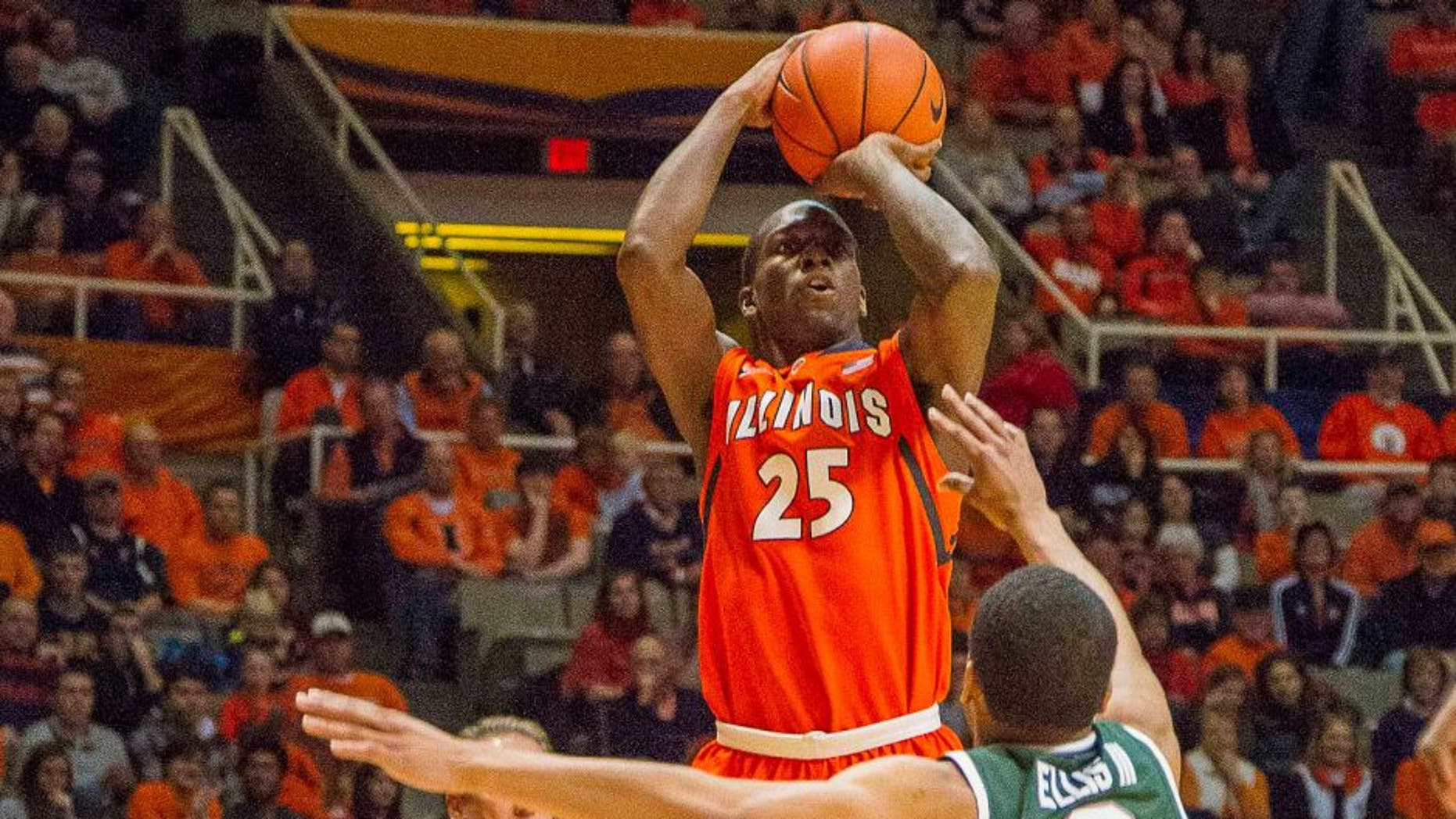 Jan 18, 2014; Champaign, IL, USA; Illinois Fighting Illini guard Kendrick Nunn (25) shoots the ball over Michigan State Spartans guard Alvin Ellis III (3) in the first half of the game at State Farm Center. The Michigan State Spartans beat the Illinois Fighting Illini 78-62. Mandatory Credit: Trevor Ruszkowski-USA TODAY Sports