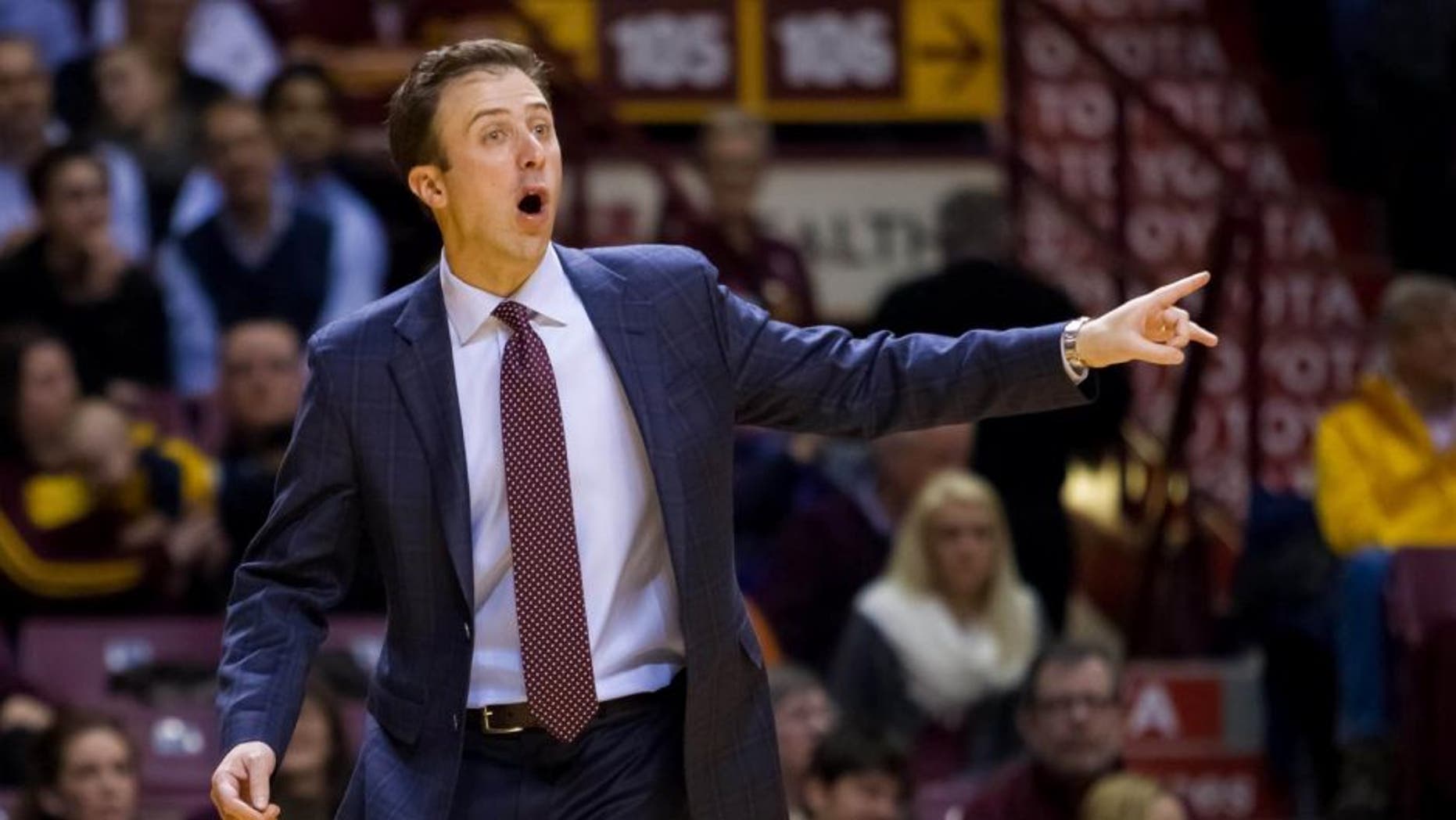 Feb 18, 2015; Minneapolis, MN, USA; Minnesota Gophers head coach Richard Pitino in the first half against the Northwestern Wildcats at Williams Arena.