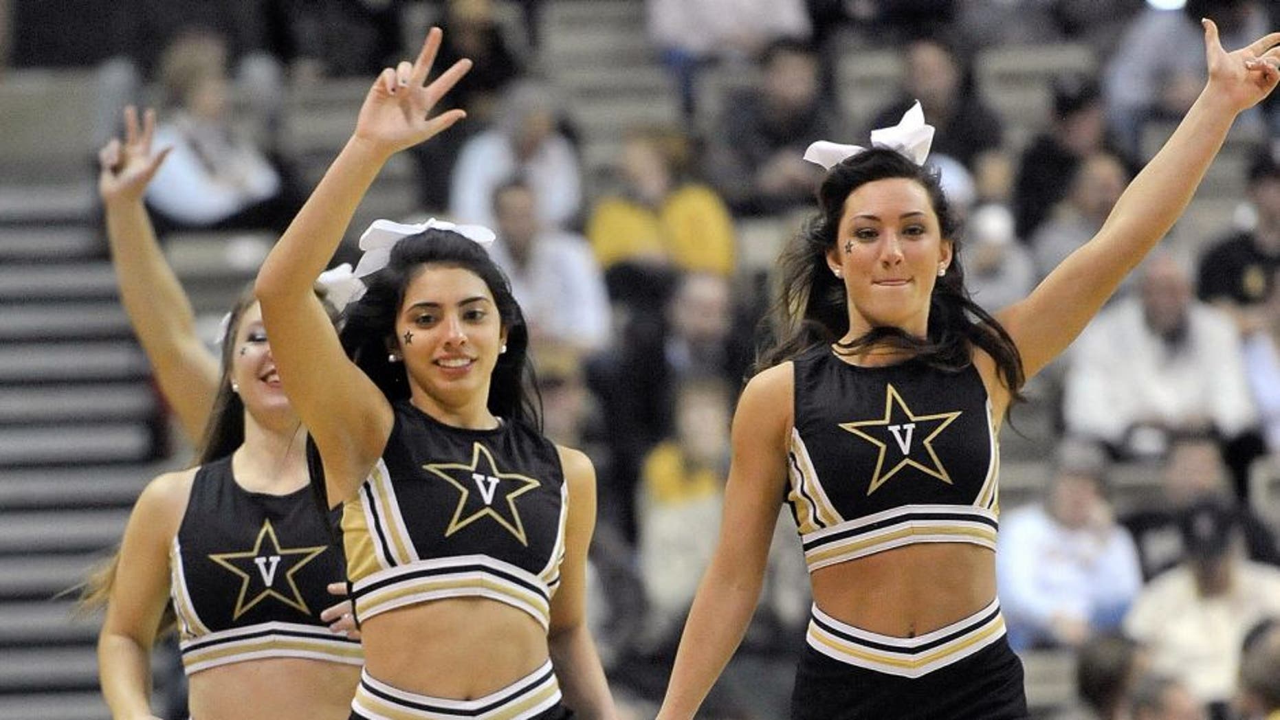 Jan 16, 2014; Nashville, TN, USA; Vanderbilt Commodores cheerleaders cheer for their team during the second half against the Missouri Tigers at Memorial Gym. Vanderbilt won 78-75. Mandatory Credit: Jim Brown-USA TODAY Sports