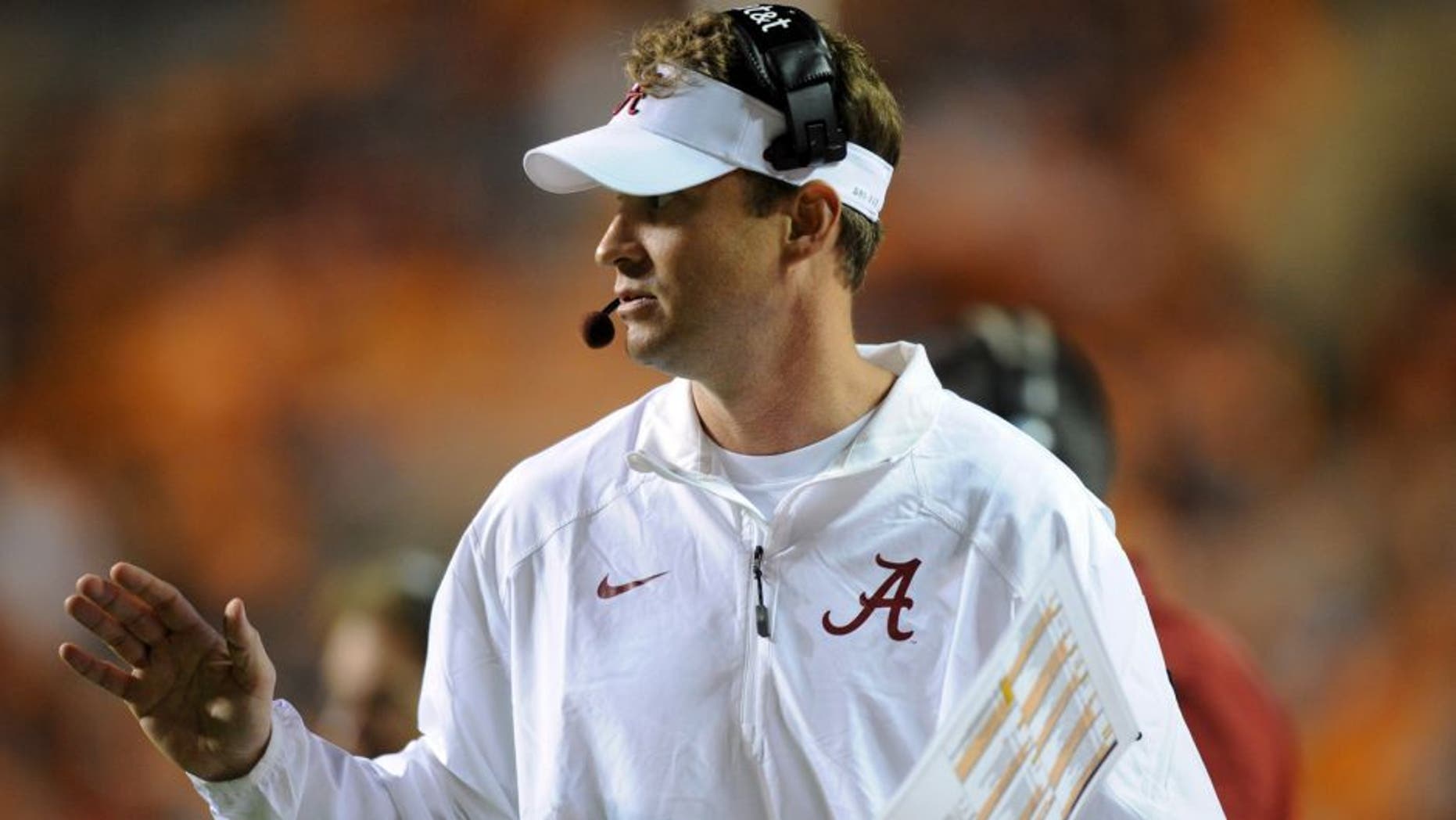 Oct 25, 2014; Knoxville, TN, USA; Alabama Crimson Tide offensive coordinator Lane Kiffin during the second half against the Tennessee Volunteers at Neyland Stadium. Alabama won 34 to 20. Mandatory Credit: Randy Sartin-USA TODAY Sports