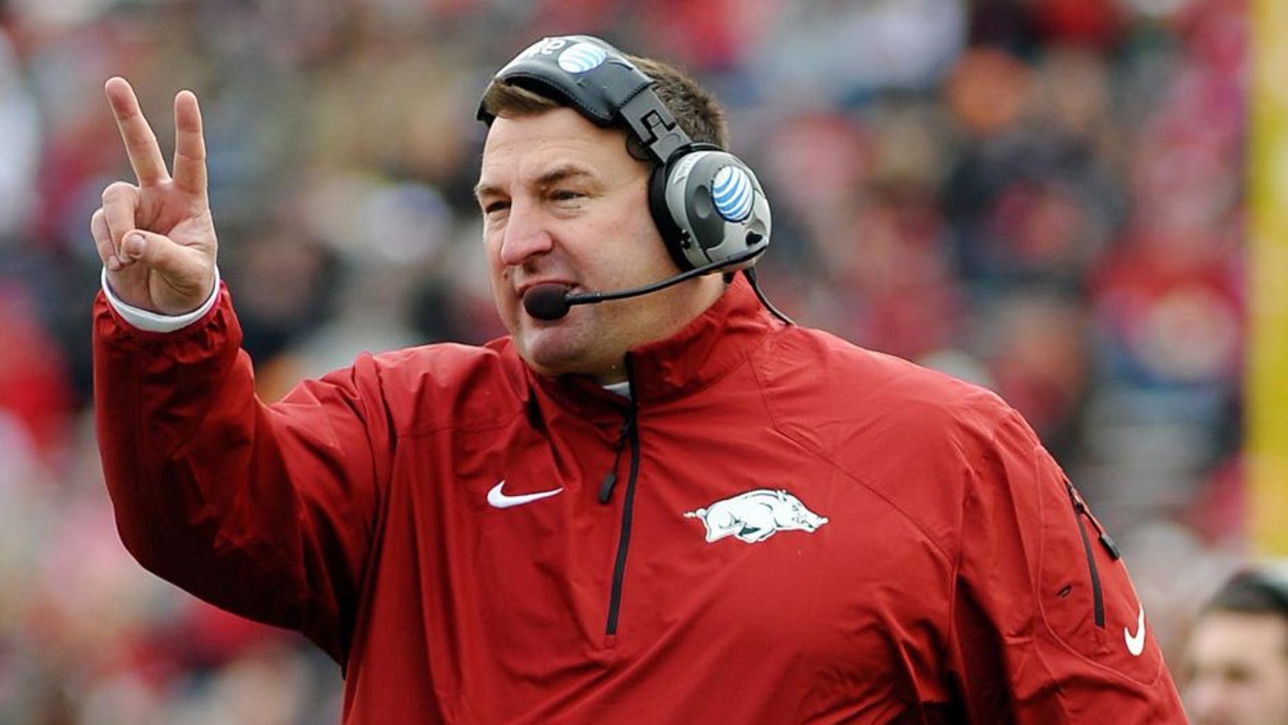Nov 23, 2013; Little Rock, AR, USA; Arkansas Razorbacks head coach Bret Bielema reacts during the game against the Mississippi State Bulldogs during the second half at War Memorial Stadium. Mississippi State Bulldogs beat Arkansas Razorbacks 24 - 17. Mandatory Credit: Justin Ford-USA TODAY Sports