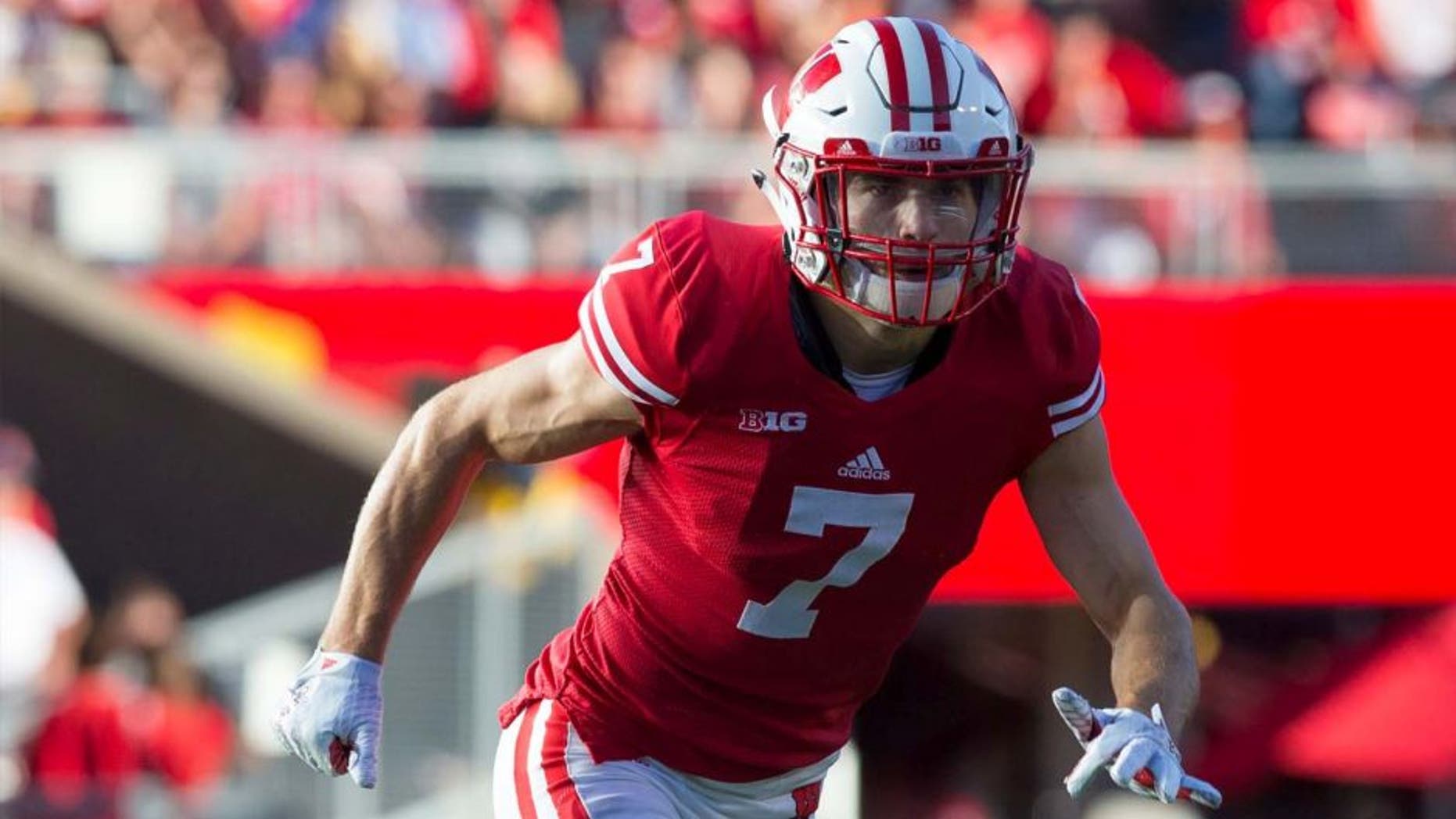 Wisconsin Badgers safety Michael Caputo runs against the Troy Trojans at Camp Randall Stadium in Madison, Wis., on Sept. 19, 2015. Wisconsin won 28-3.