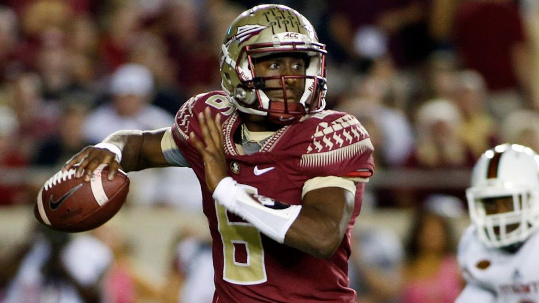 Oct 10, 2015; Tallahassee, FL, USA; Florida State quarterback Everett Golson (6) looks for a receiver against Miami at Doak Campbell Stadium. Mandatory Credit: Glenn Beil-USA TODAY Sports