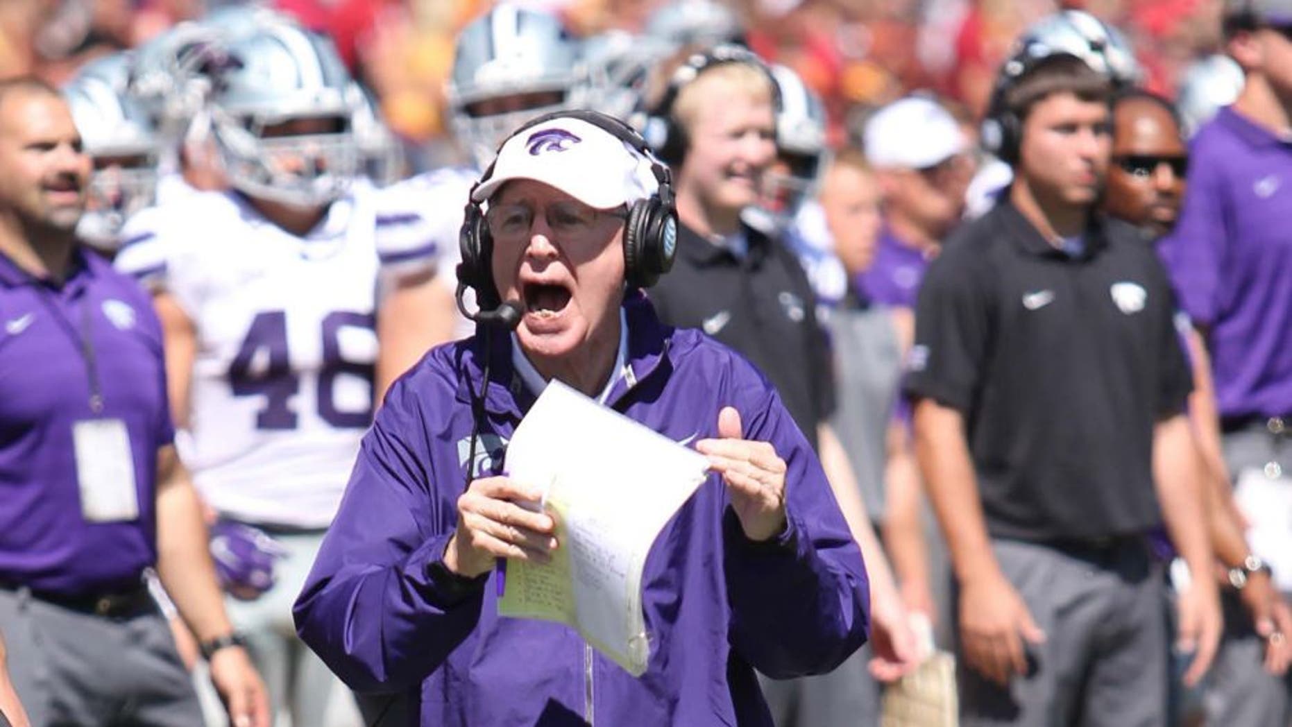 Sep 6, 2014; Ames, IA, USA; Kansas State Wildcats head coach Bill Snyder yells for a timeout against the Iowa State Cyclones at at Jack Trice Stadium. Mandatory Credit: Reese Strickland-USA TODAY Sports