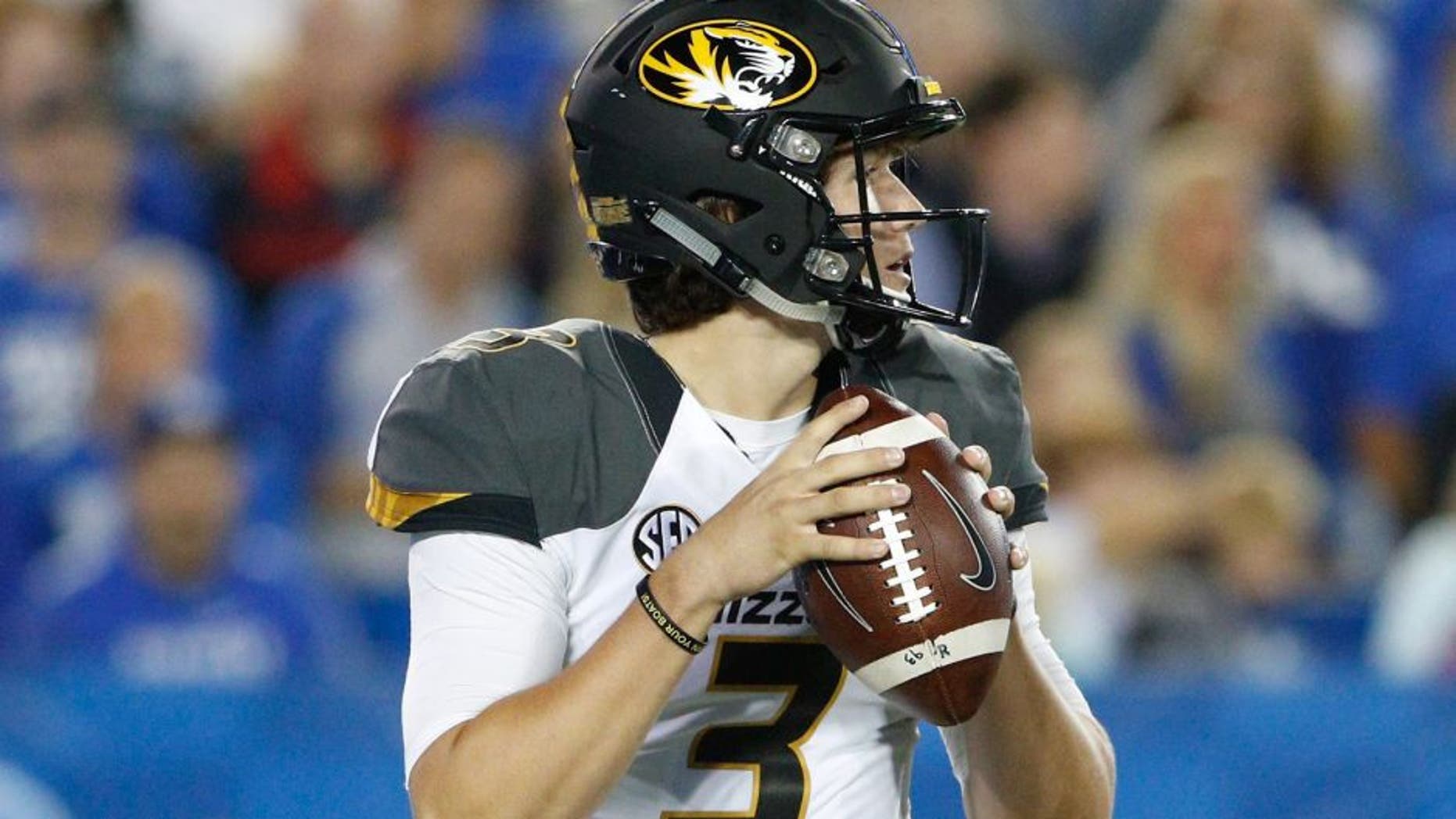 Sep 26, 2015; Lexington, KY, USA; Missouri Tigers quarterback Drew Lock (3) passes the ball against the Kentucky Wildcats at Commonwealth Stadium. Kentucky defeated Missouri Tigers 21-13. Mandatory Credit: Mark Zerof-USA TODAY Sports