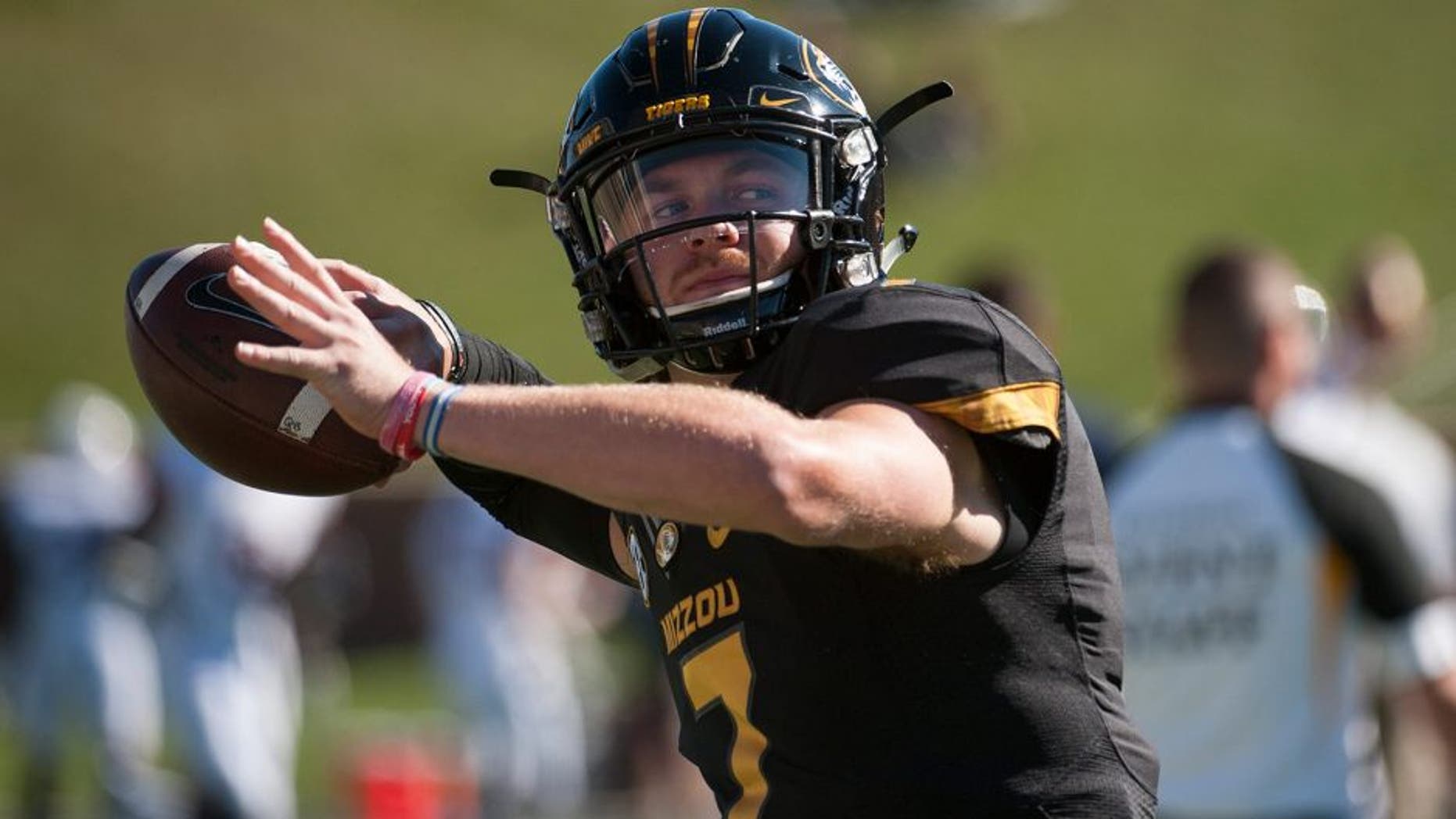 Missouri quarterback Maty Mauk warms up before the start of an NCAA college football game against Connecticut Saturday, Sept. 19, 2015, in Columbia, Mo. (AP Photo/L.G. Patterson)