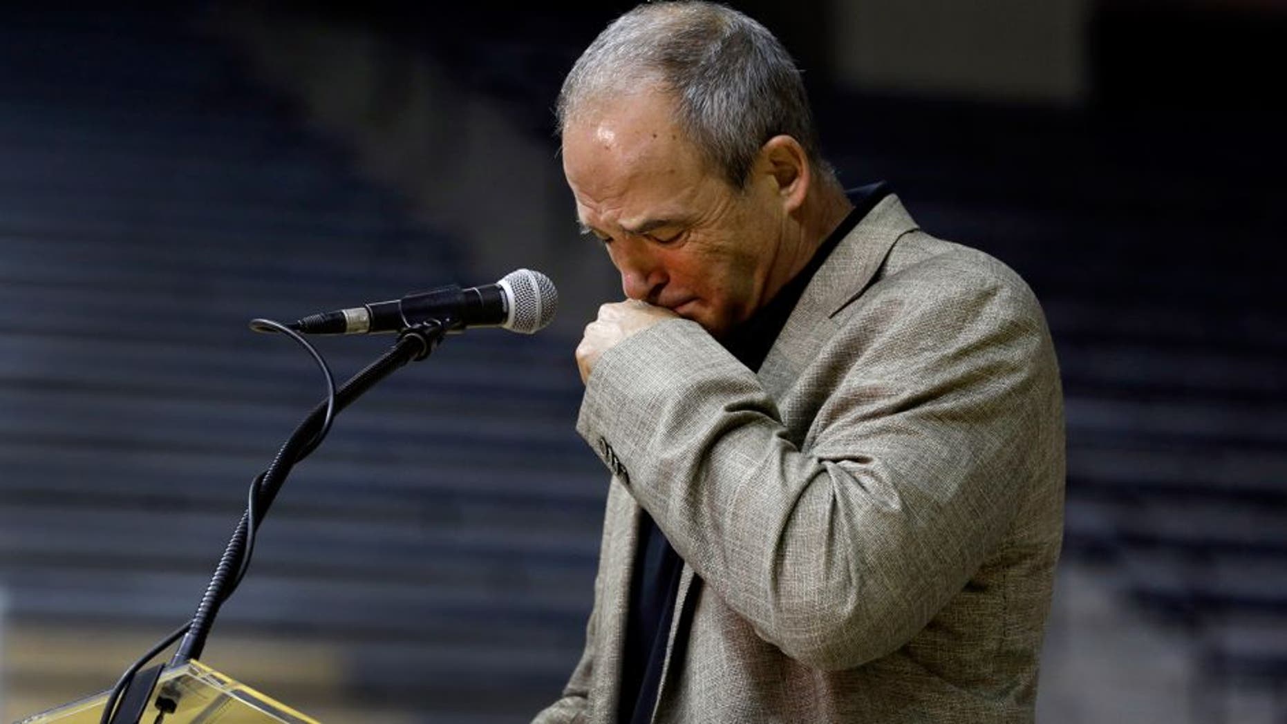 University of Missouri head football coach Gary Pinkel pauses while speaking about his players during a news conference Monday, Nov. 16, 2015, in Columbia, Mo. Pinkel has announced he will resign following the 2015 season after being diagnosed with lymphoma in May. (AP Photo/Jeff Roberson)