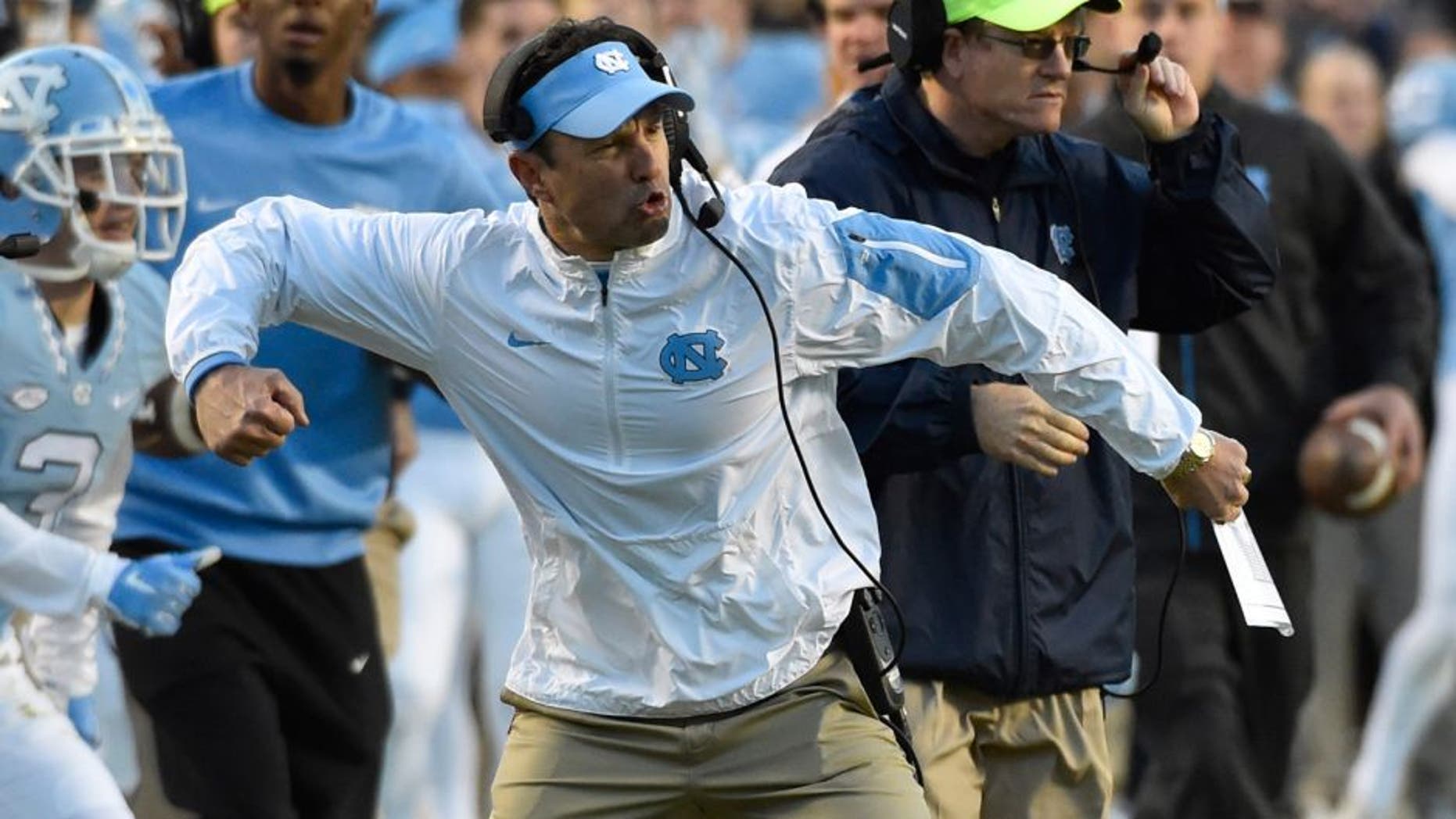 Nov 14, 2015; Chapel Hill, NC, USA; North Carolina Tar Heels head coach Larry Fedora reacts in the second quarter at Kenan Memorial Stadium. Mandatory Credit: Bob Donnan-USA TODAY Sports