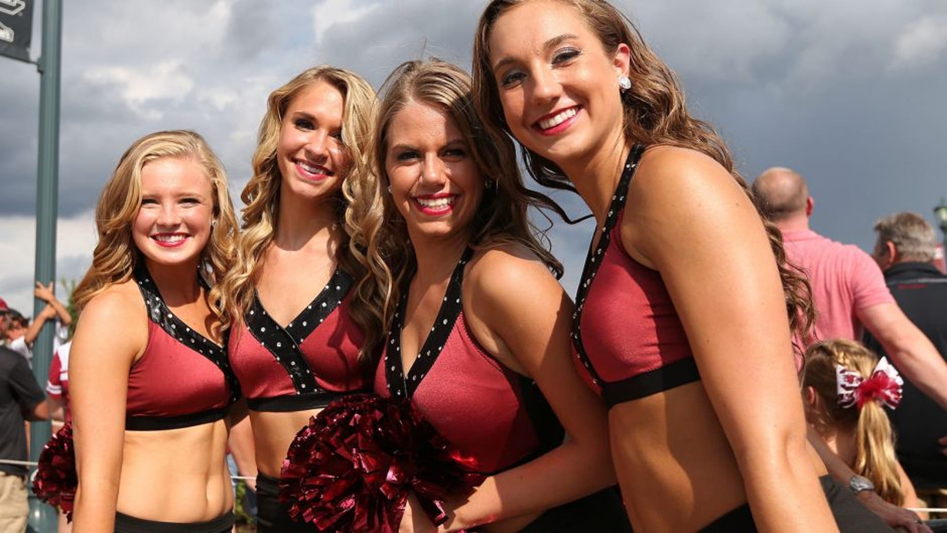 Sep 6, 2014; Columbia, SC, USA; South Carolina Gamecocks cheerleaders smile before the game between the South Carolina Gamecocks and East Carolina Pirates at Williams-Brice Stadium. Mandatory Credit: Jim Dedmon-USA TODAY Sports