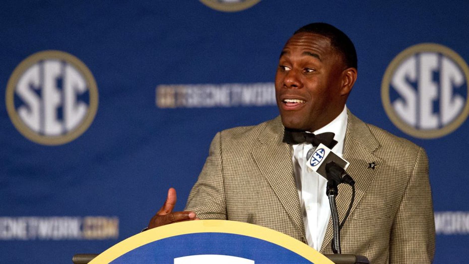 Jul 14, 2014; Hoover, AL, USA; Vanderbilt Commodores head coach Derek Mason talks to the media during the SEC Football Media Days at the Wynfrey Hotel. Mandatory Credit: Marvin Gentry-USA TODAY Sports