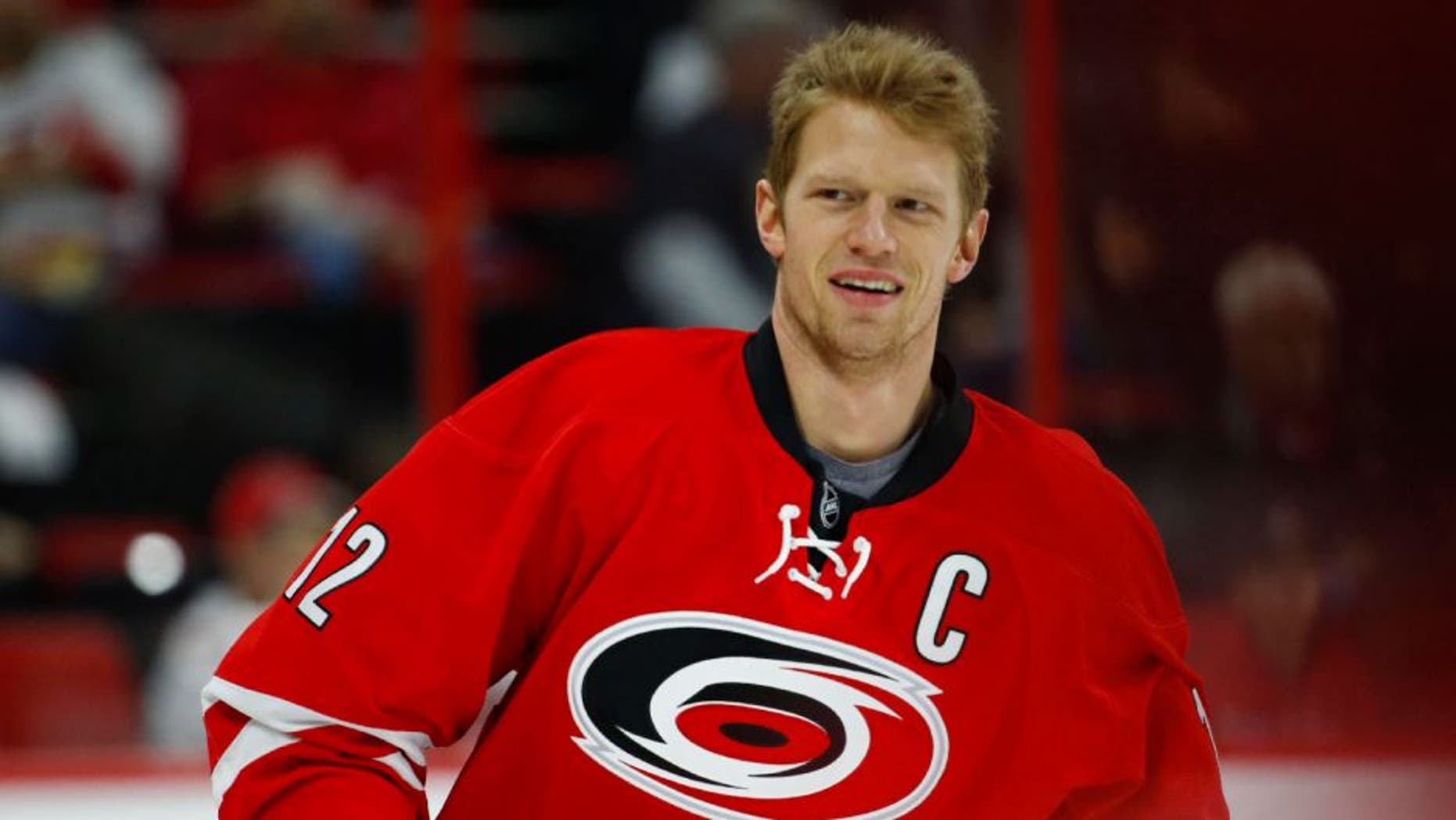 Carolina Hurricanes forward Eric Staal smiles prior to the game against the Boston Bruins.