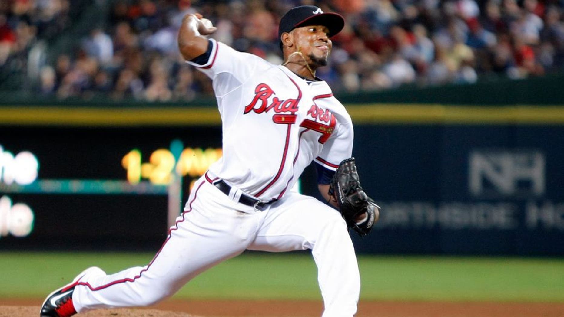 Jul 3, 2015; Atlanta, GA, USA; Atlanta Braves starting pitcher Julio Teheran (49) throws a pitch against the Philadelphia Phillies in the sixth inning at Turner Field. Mandatory Credit: Brett Davis-USA TODAY Sports