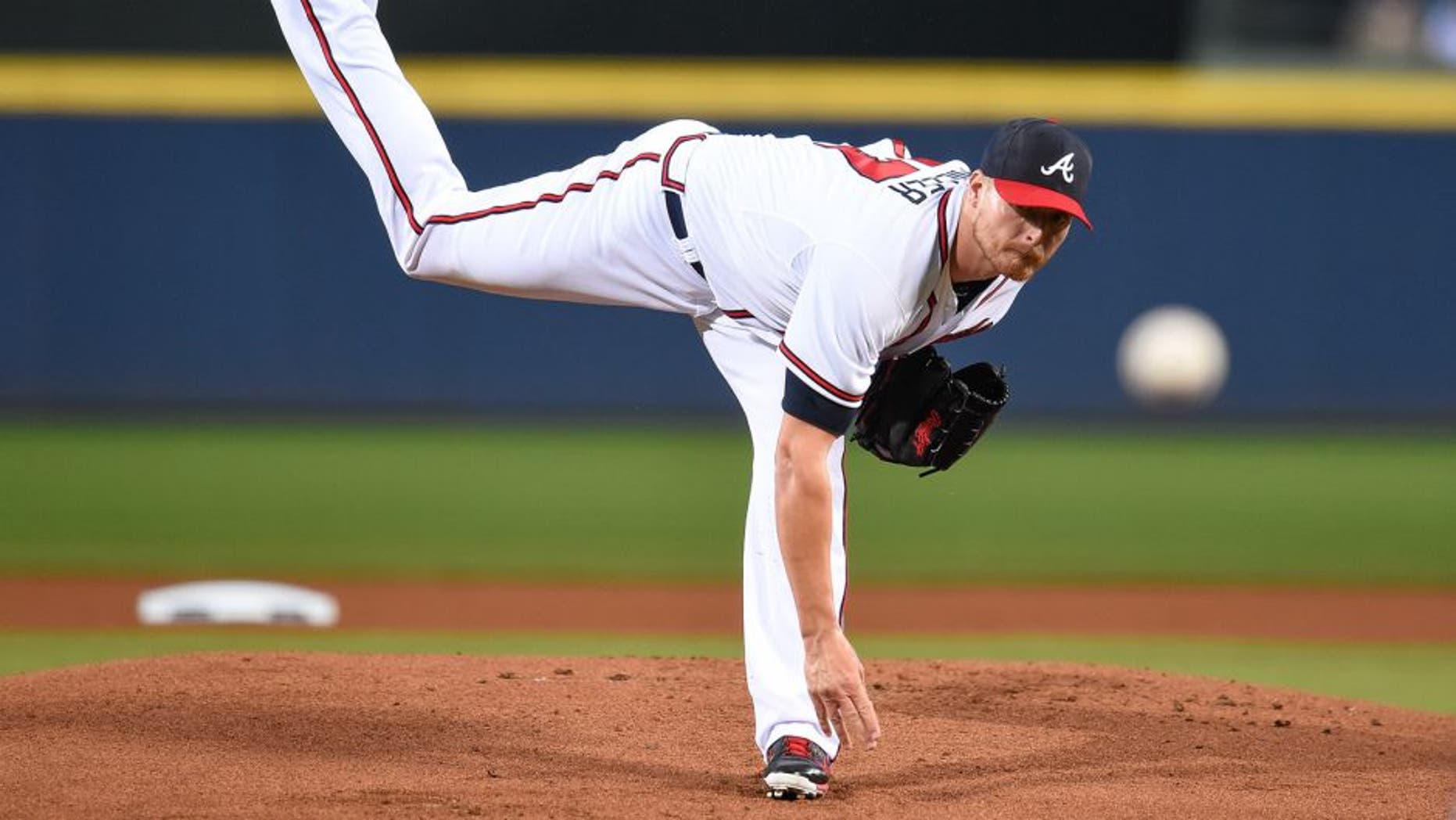 Apr 13, 2015; Atlanta, GA, USA; Atlanta Braves starting pitcher Shelby Miller (17) works against the Miami Marlins during the first inning at Turner Field. Mandatory Credit: Dale Zanine-USA TODAY Sports