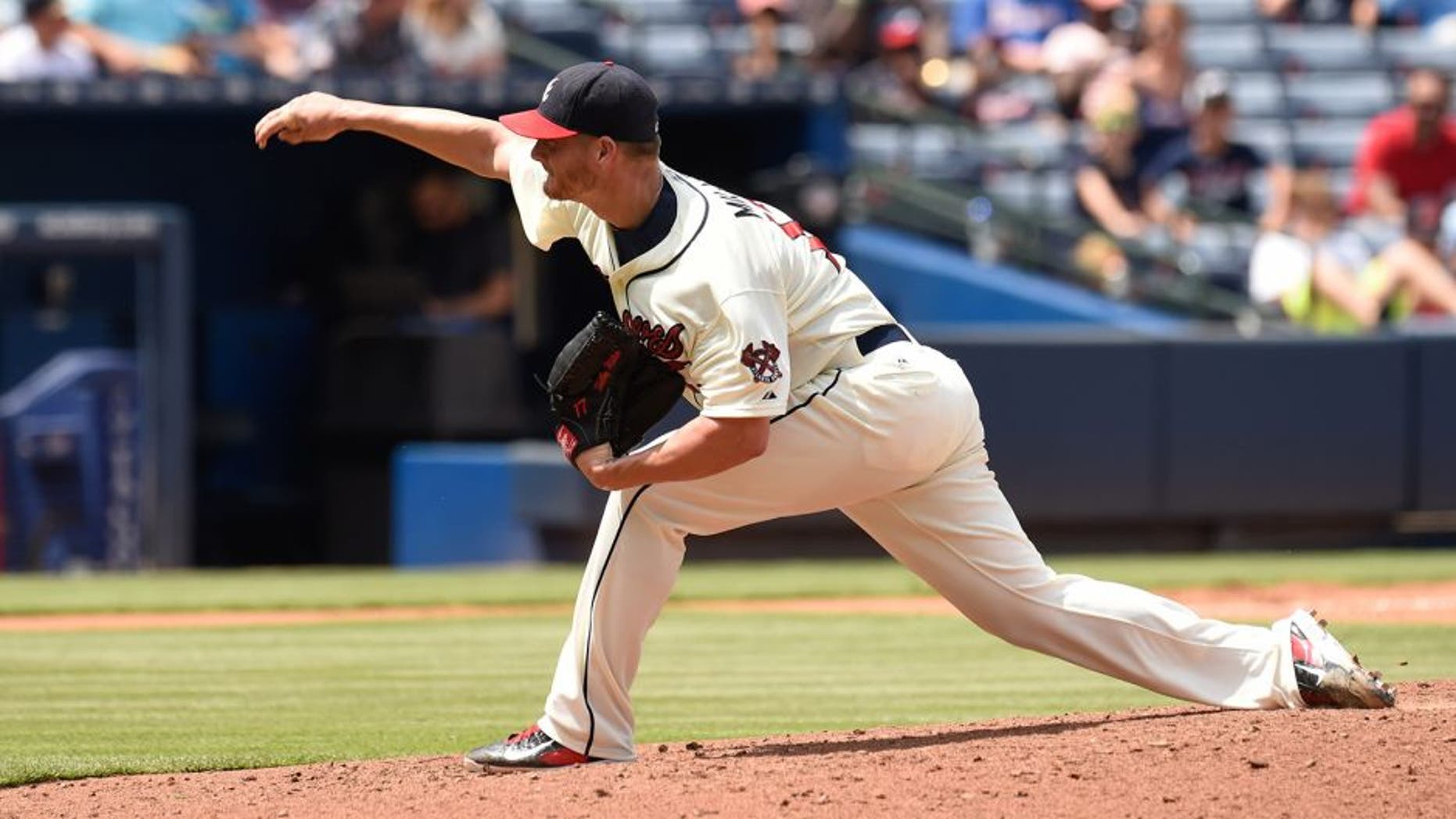 Aug 16, 2015; Atlanta, GA, USA; Atlanta Braves starting pitcher Shelby Miller (17) pitches against the Arizona Diamondbacks during the third inning at Turner Field. Mandatory Credit: Dale Zanine-USA TODAY Sports