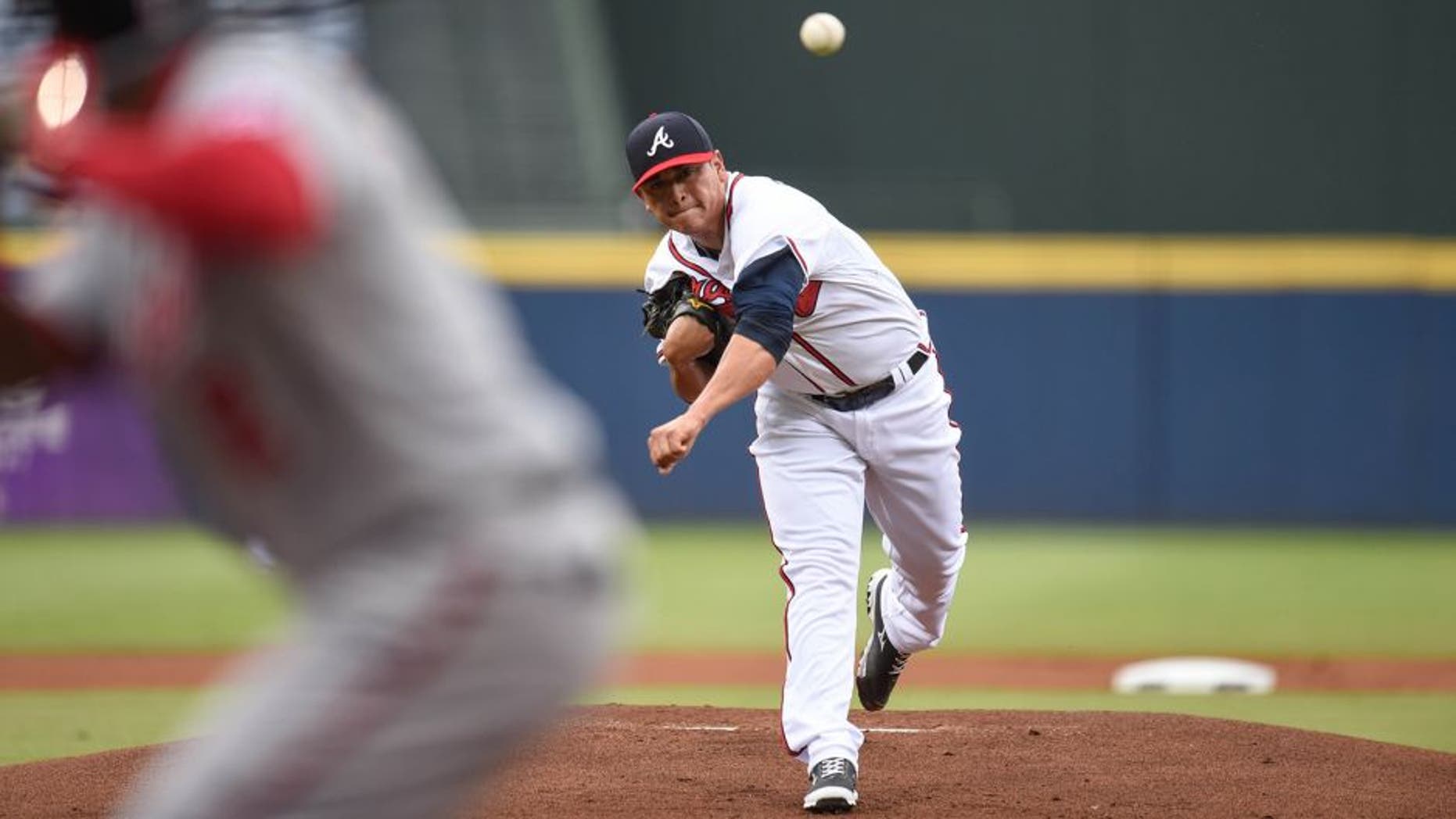 Jul 2, 2015; Atlanta, GA, USA; Atlanta Braves starting pitcher Manny Banuelos (60) pitches against the Washington Nationals during the first inning at Turner Field. Mandatory Credit: Dale Zanine-USA TODAY Sports