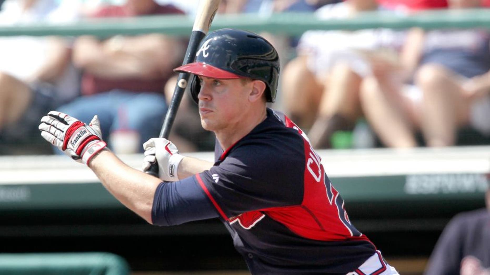 Mar 15, 2015; Lake Buena Vista, FL, USA; Atlanta Braves center fielder Todd Cunningham (26) runs toward first during a spring training baseball game at Champion Stadium. The Toronto Blue Jays beat the Atlanta Braves 10-5. Mandatory Credit: Reinhold Matay-USA TODAY Sports
