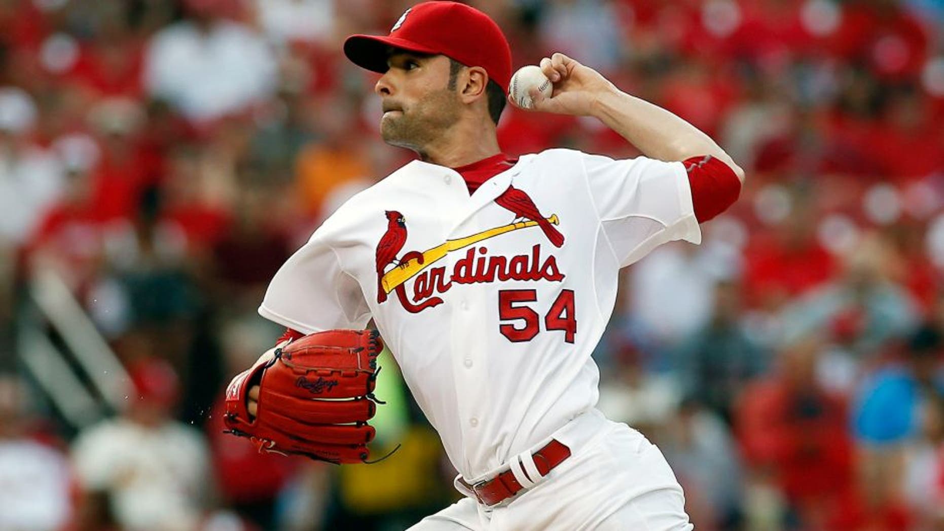 St. Louis Cardinals starting pitcher Jaime Garcia throws during the first inning of a baseball game against the Cincinnati Reds Tuesday, July 28, 2015, in St. Louis. (AP Photo/Scott Kane)