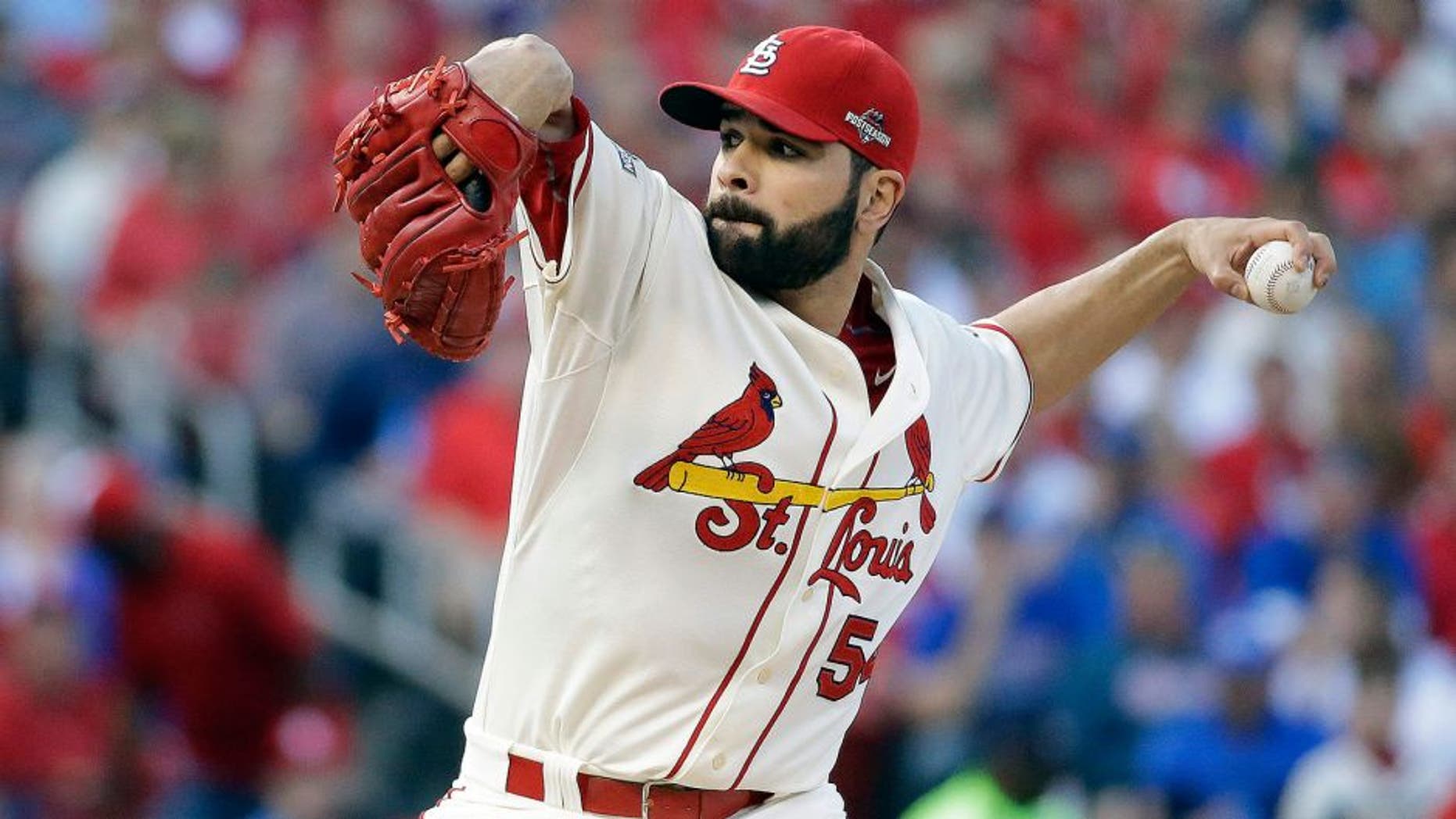 St. Louis Cardinals starting pitcher Jaime Garcia throws during the first inning of Game 2 in baseball's National League Division Series against the Chicago Cubs, Saturday, Oct. 10, 2015, in St. Louis. (AP Photo/Jeff Roberson)