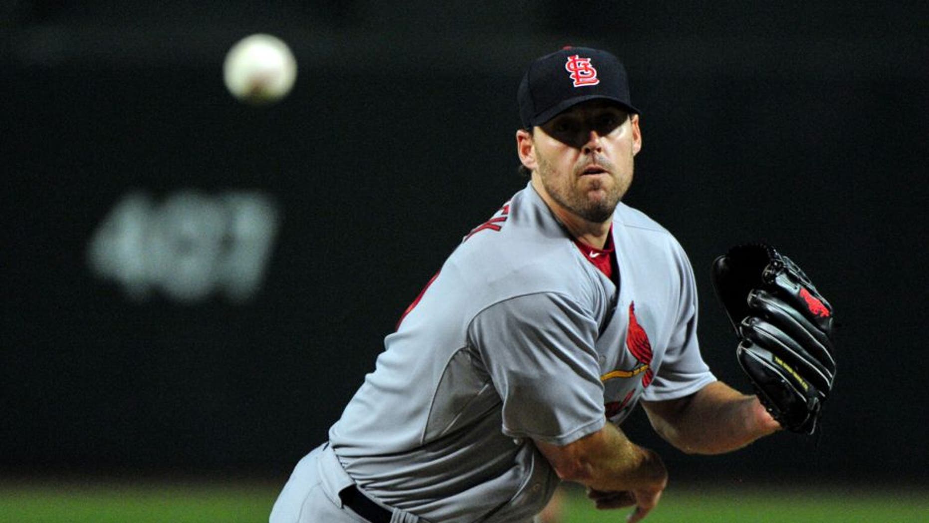 Aug 26, 2015; Phoenix, AZ, USA; St. Louis Cardinals starting pitcher John Lackey (41) throws during the first inning against the Arizona Diamondbacks at Chase Field. Mandatory Credit: Matt Kartozian-USA TODAY Sports