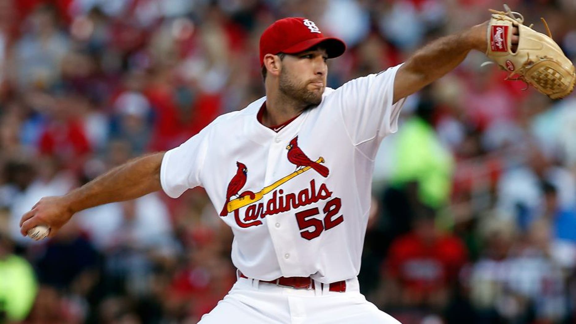 St. Louis Cardinals starting pitcher Michael Wacha throws during the first inning of a baseball game against the Colorado Rockies, Friday, July 31, 2015, in St. Louis. (AP Photo/Scott Kane)