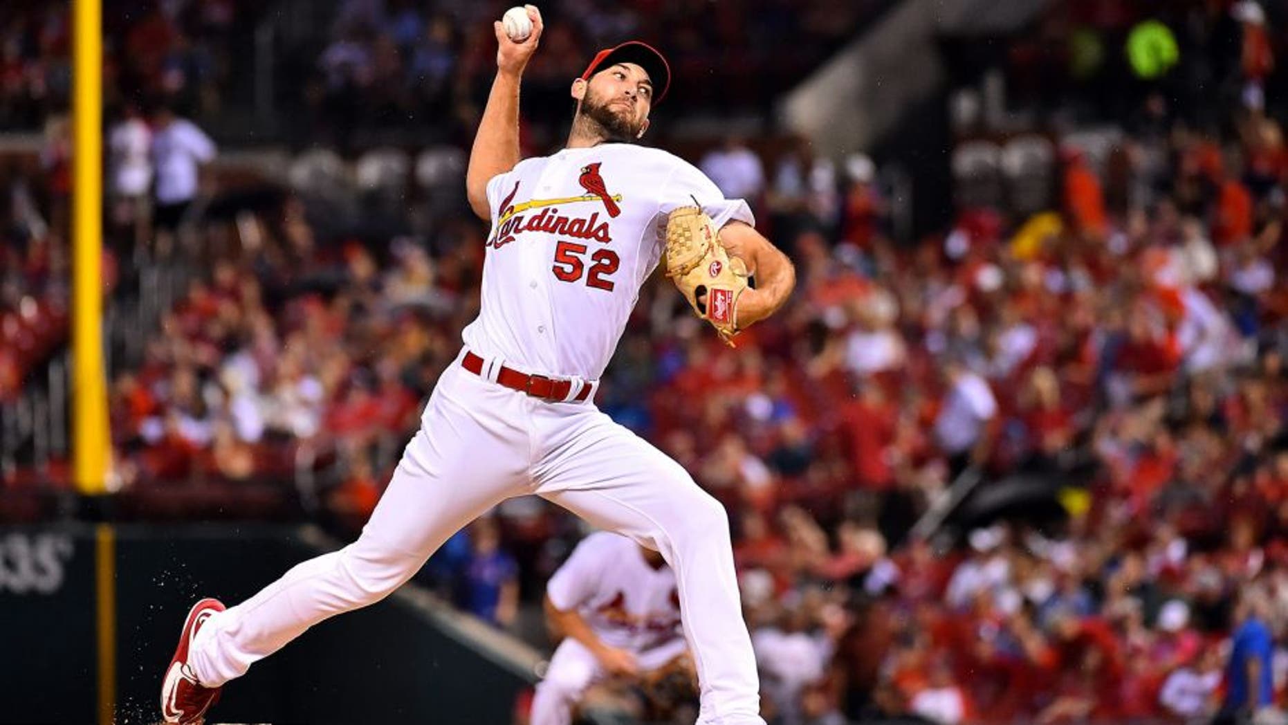 Sep 8, 2015; St. Louis, MO, USA; St. Louis Cardinals starting pitcher Michael Wacha (52) delivers a pitch in the first inning against the Chicago Cubs at Busch Stadium. Mandatory Credit: Jasen Vinlove-USA TODAY Sports