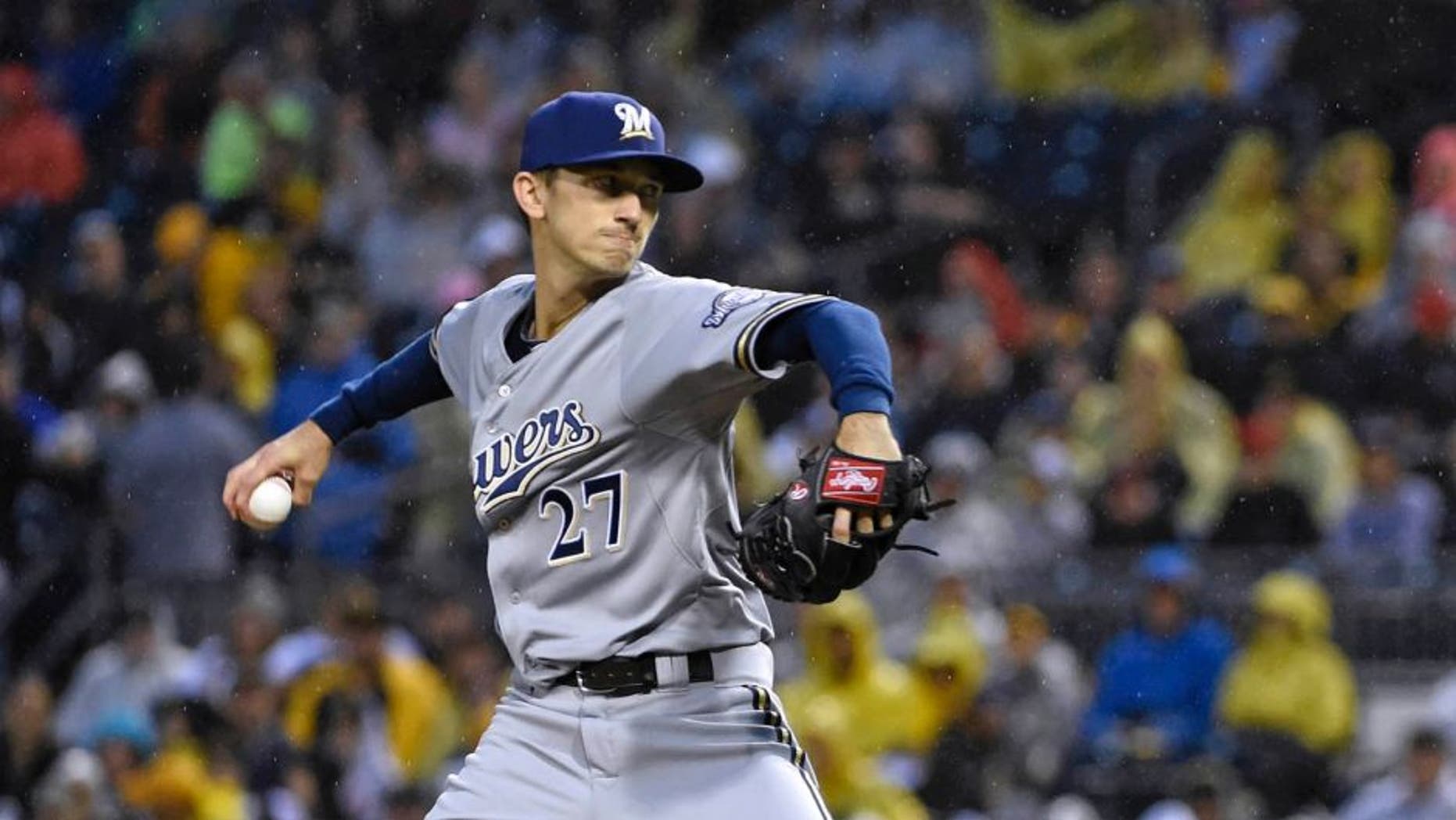 The Milwaukee Brewers' Zach Davies pitches against the Pittsburgh Pirates in the first inning Saturday, Sept. 12, 2015, in Pittsburgh.