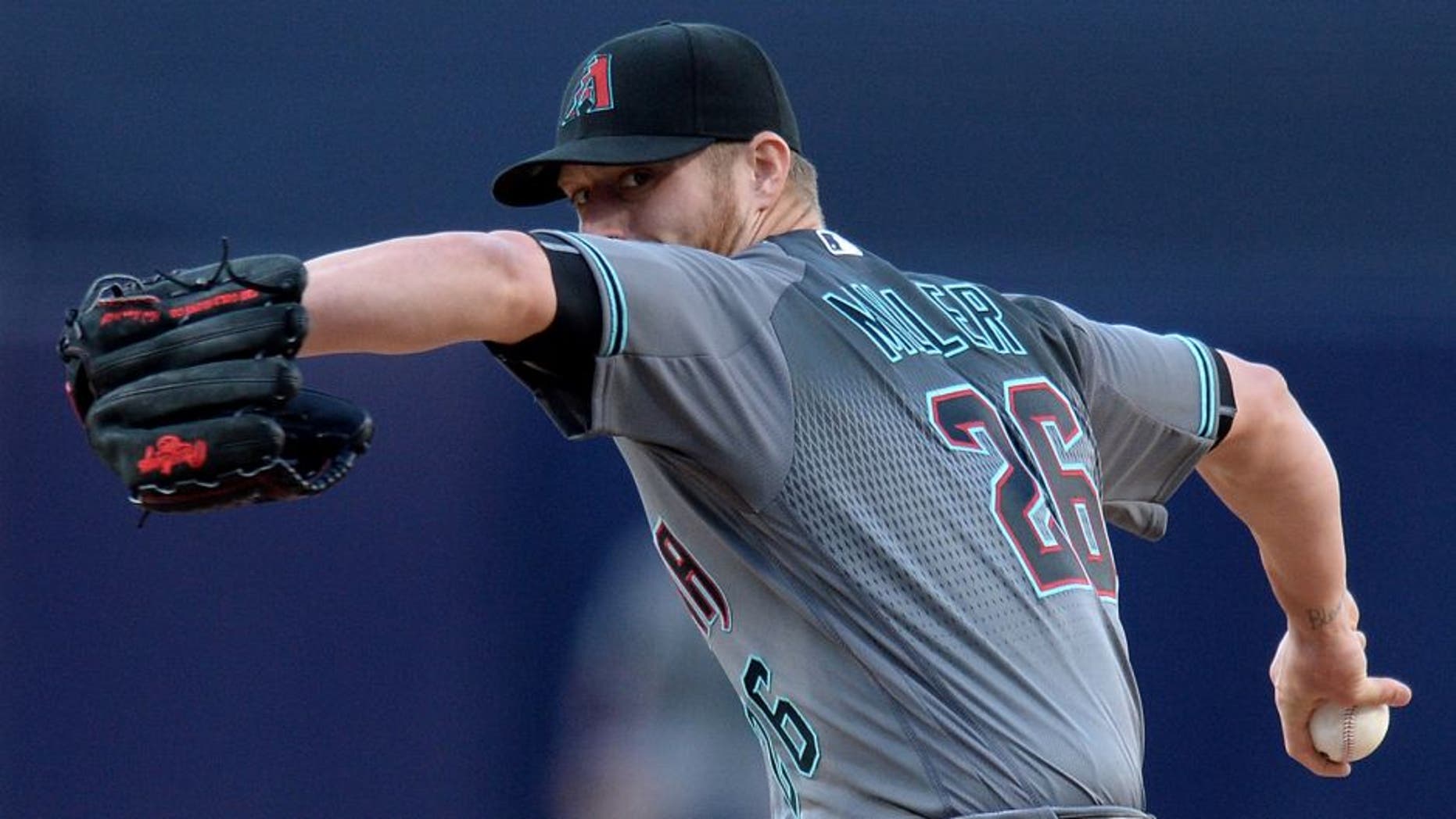 Apr 16, 2016; San Diego, CA, USA; Arizona Diamondbacks starting pitcher Shelby Miller (26) throws the ball during the first inning against the San Diego Padres at Petco Park. Mandatory Credit: Jake Roth-USA TODAY Sports