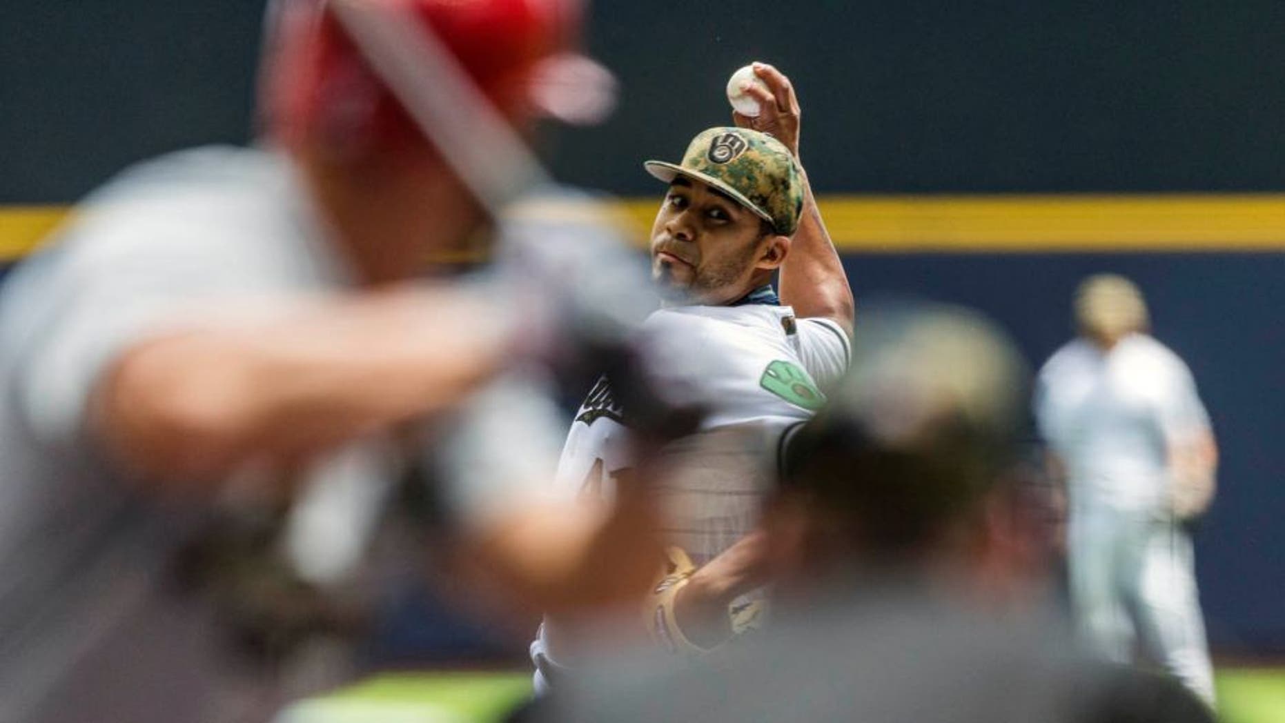 The Milwaukee Brewers' Junior Guerra pitches to a St. Louis Cardinals batter during the first inning Monday, May 30, 2016, in Milwaukee.