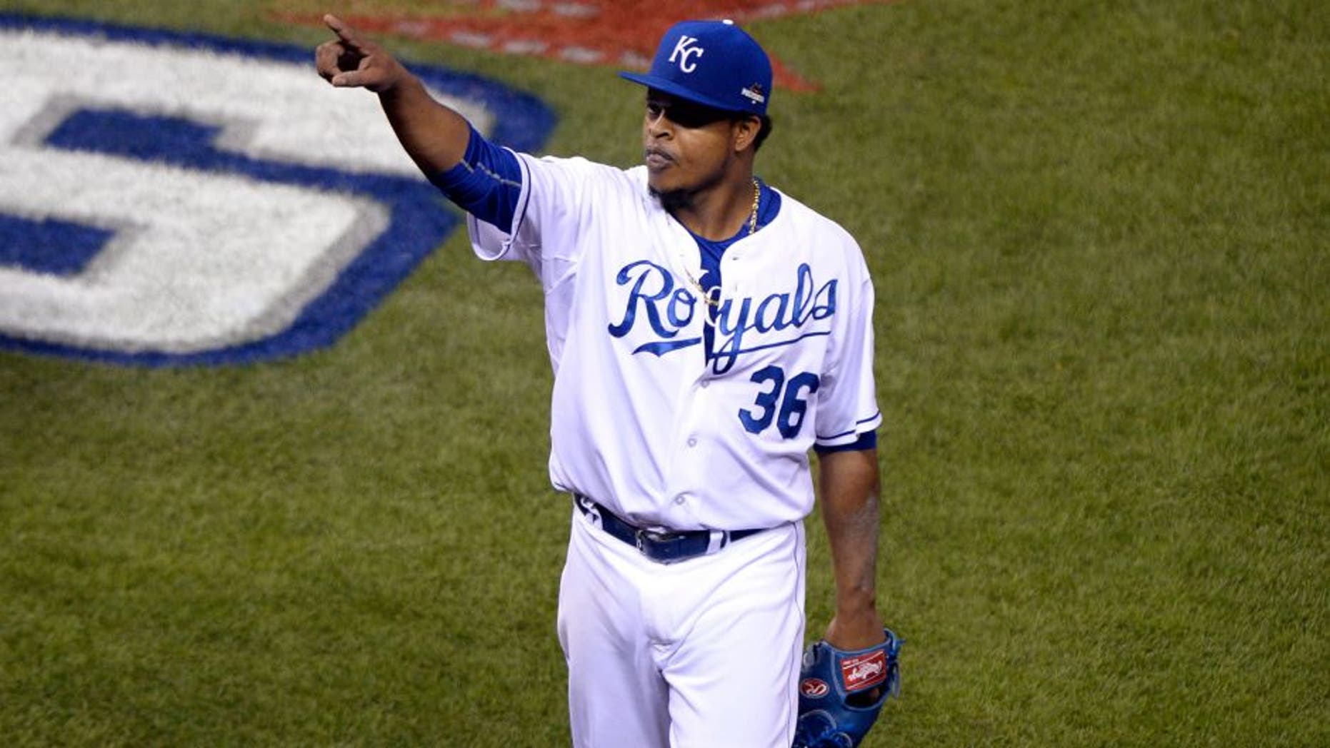 Oct 16, 2015; Kansas City, MO, USA; Kansas City Royals starting pitcher Edinson Volquez (36) reacts after getting out of the sixth inning against the Toronto Blue Jays in game one of the ALCS at Kauffman Stadium. Mandatory Credit: John Rieger-USA TODAY Sports