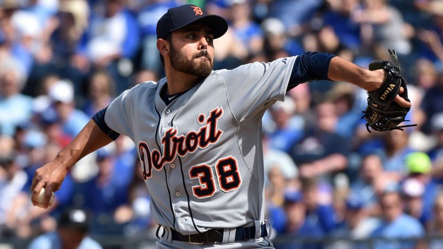 May 3, 2015; Kansas City, MO, USA; Detroit Tigers pitcher Joakim Soria (38) delivers a pitch against the Kansas City Royals during the ninth inning at Kauffman Stadium. Mandatory Credit: Peter G. Aiken-USA TODAY Sports