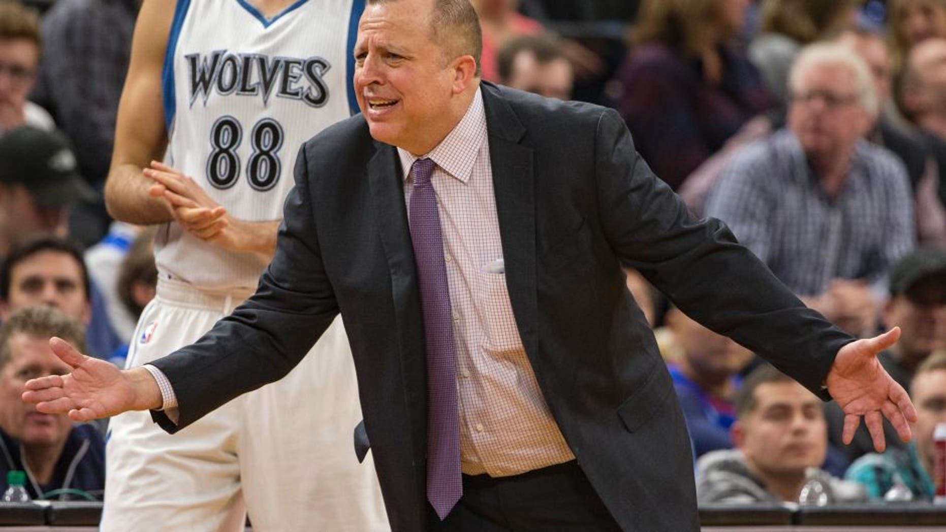 Nov 15, 2016; Minneapolis, MN, USA; Minnesota Timberwolves head coach Tom Thibodeau argues with an official during the second half against the Charlotte Hornets at Target Center. The Hornets won 115-108. Mandatory Credit: Jesse Johnson-USA TODAY Sports