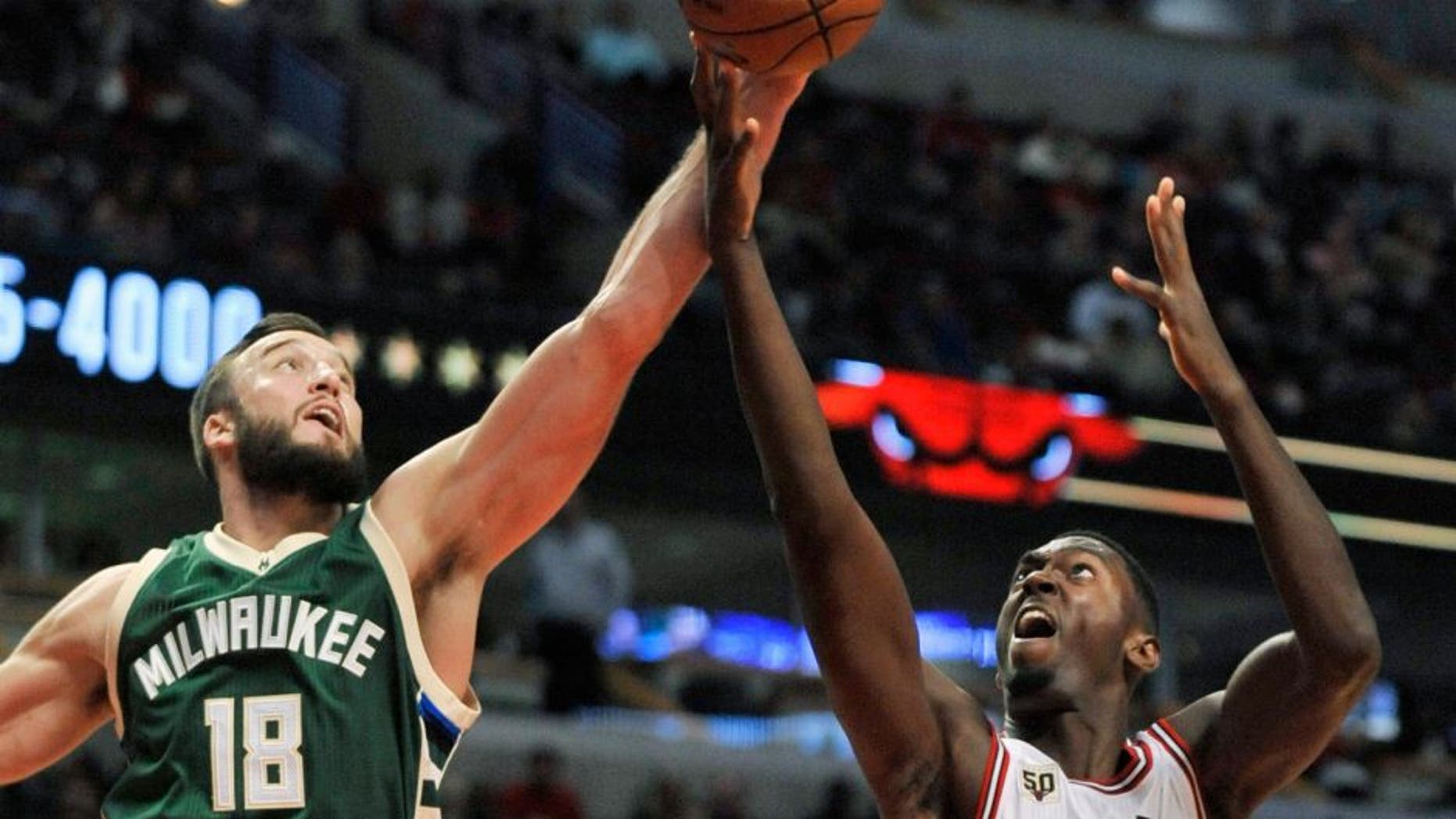 Chicago Bulls' Bobby Portis (5), battles for a rebound against Milwaukee Bucks' Miles Plumlee (18) during the second half of an NBA preseason basketball game Tuesday, Oct. 6, 2015, in Chicago. The Bulls won 105-95. (AP Photo/Paul Beaty)