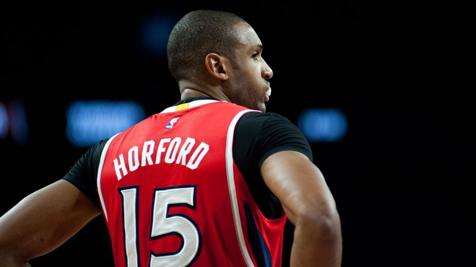 Mar 31, 2015; Auburn Hills, MI, USA; Atlanta Hawks center Al Horford (15) during the fourth quarter against the Detroit Pistons at The Palace of Auburn Hills. Detroit won 105-95. Mandatory Credit: Tim Fuller-USA TODAY Sports