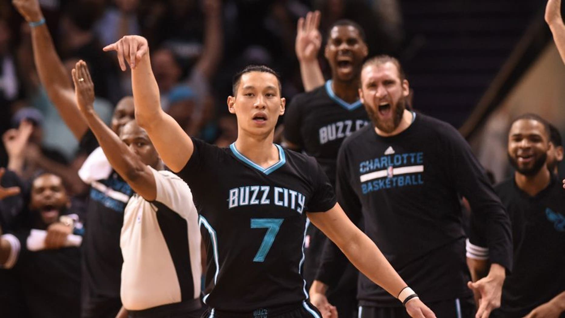 Apr 23, 2016; Charlotte, NC, USA; Charlotte Hornets guard Jeremy Lin (7) reacts after scoring during the second half in game three of the first round of the NBA Playoffs against the Miami Heat at Time Warner Cable Arena. Hornets win 96-80. Mandatory Credit: Sam Sharpe-USA TODAY Sports