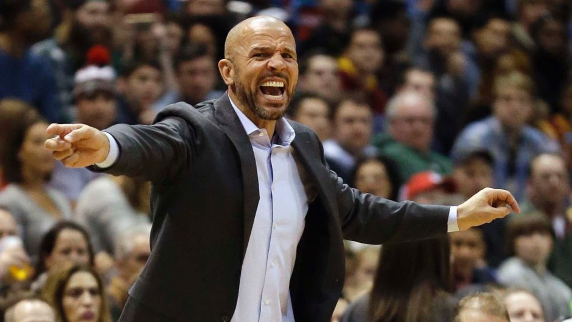 Milwaukee Bucks head coach Jason Kidd yells during the first half of an NBA game against the Cleveland Cavaliers Sunday, March 22, 2015, in Milwaukee.