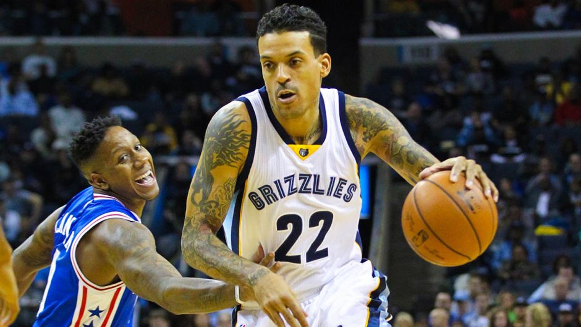 Nov 29, 2015; Memphis, TN, USA; Memphis Grizzlies forward Matt Barnes (22) drives against Philadelphia 76ers guard Isaiah Canaan (0) in the first half at FedExForum. Mandatory Credit: Nelson Chenault-USA TODAY Sports