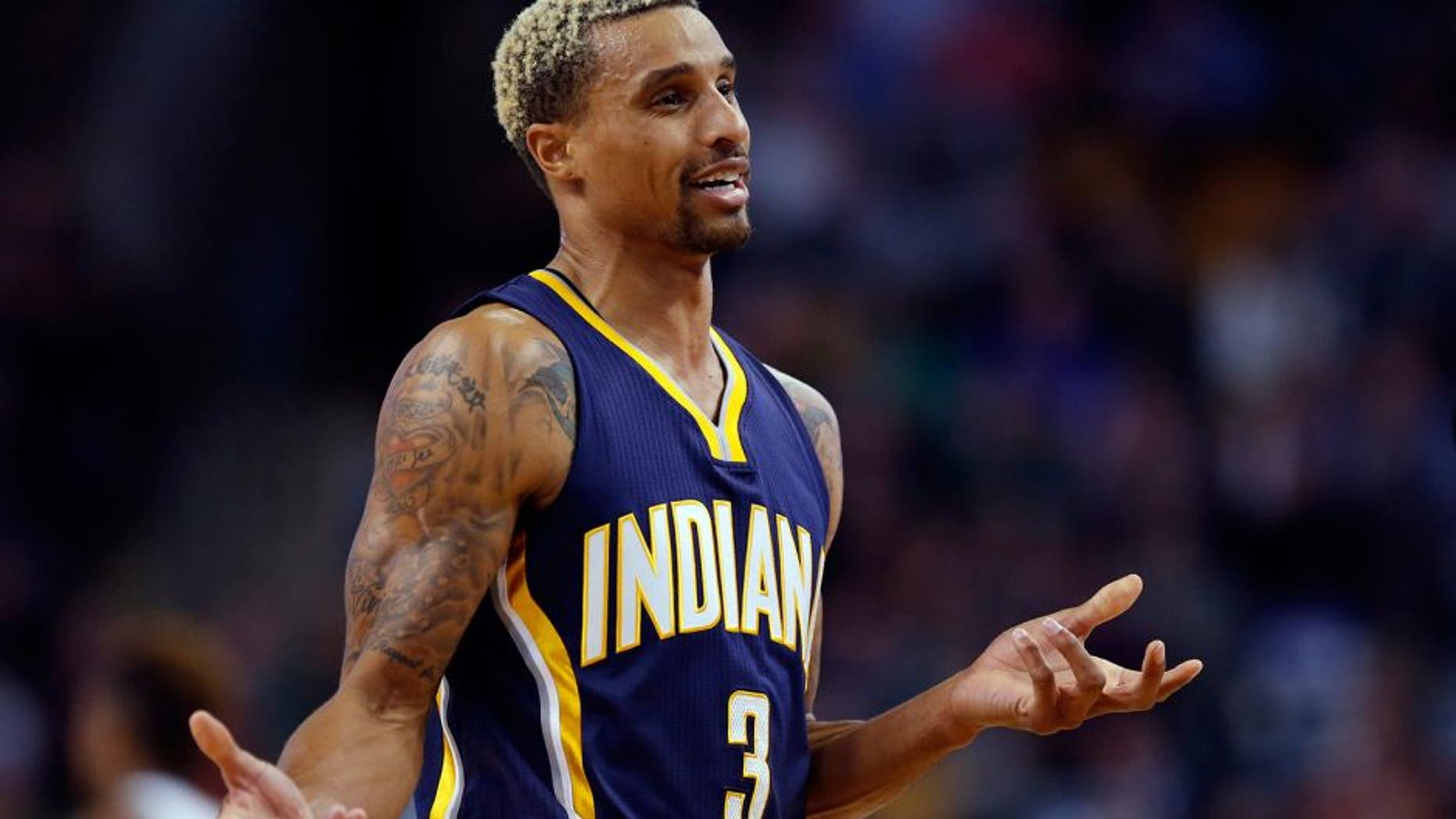 Nov 11, 2015; Boston, MA, USA; Indiana Pacers guard George Hill (3) reacts to a call during the first quarter against the Boston Celtics at TD Garden. Mandatory Credit: Greg M. Cooper-USA TODAY Sports