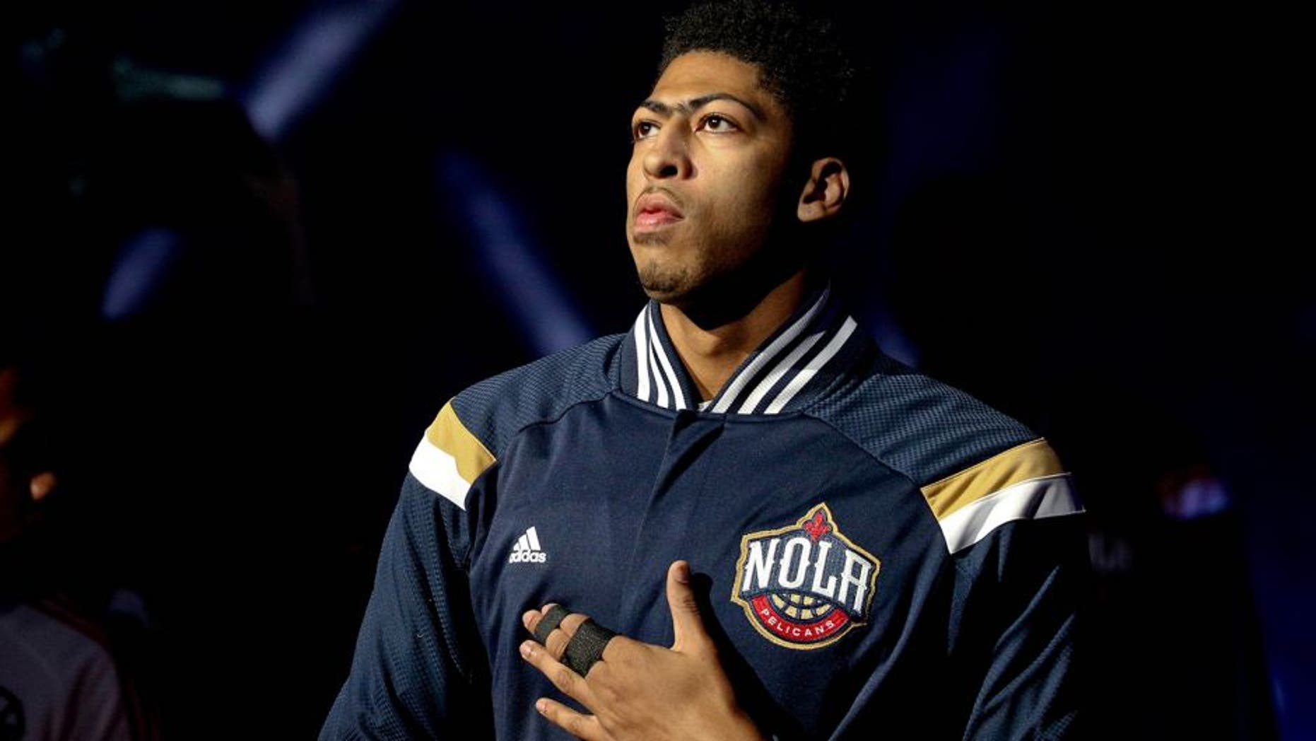 Jan 9, 2015; New Orleans, LA, USA; New Orleans Pelicans forward Anthony Davis (23) is introduced prior to a game against the Memphis Grizzlies at the Smoothie King Center. The Pelicans defeated the Grizzlies 106-95. Mandatory Credit: Derick E. Hingle-USA TODAY Sports