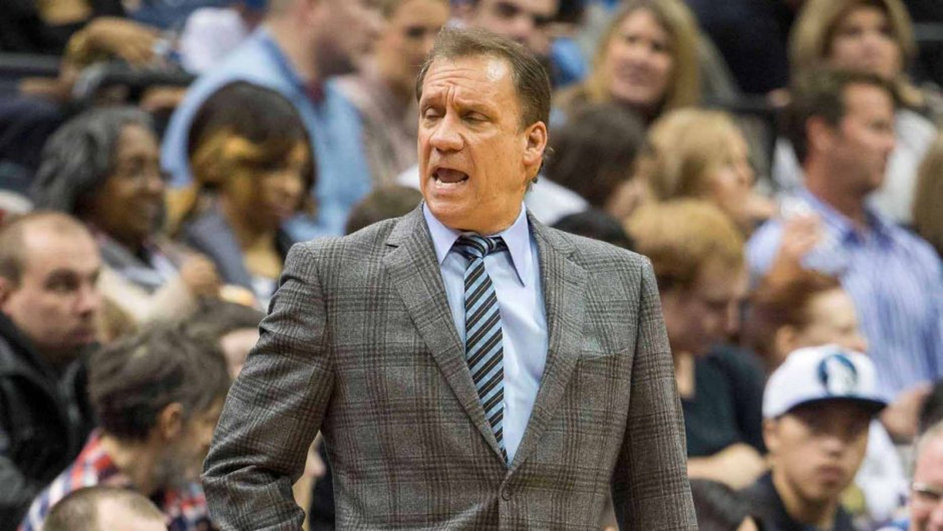Jan 10, 2015; Minneapolis, MN, USA; Minnesota Timberwolves head coach Flip Saunders looks on during the second half against the San Antonio Spurs at Target Center. The Spurs won 108-93. Mandatory Credit: Jesse Johnson-USA TODAY Sports