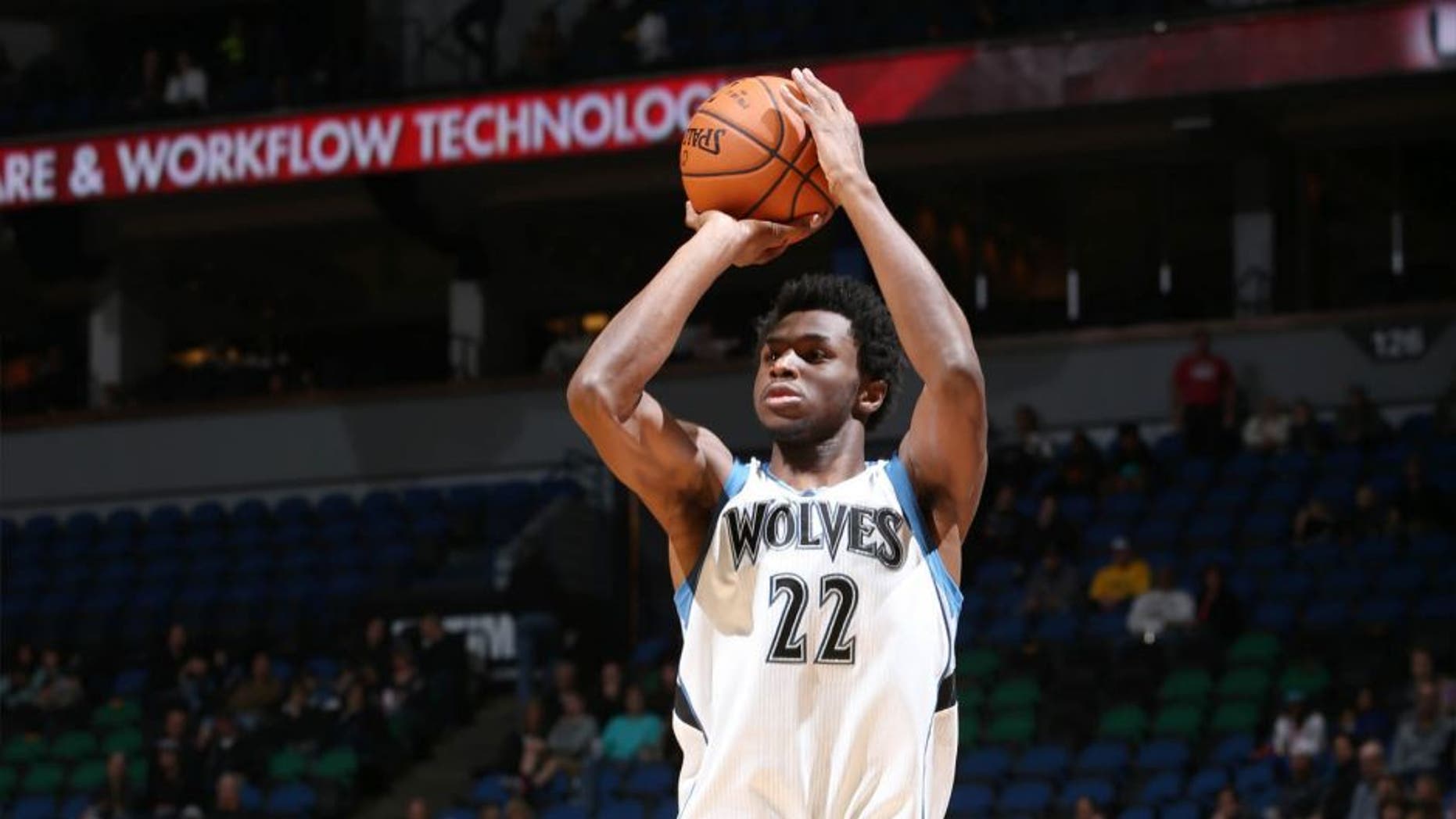 The Minnesota Timberwolves' Andrew Wiggins shoots the ball against the Milwaukee Bucks during a preseason game on Oct. 23, 2015 at Target Center in Minneapolis.