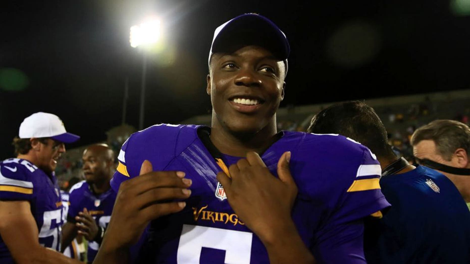Minnesota Vikings quarterback Teddy Bridgewater walks off the field after defeating the Pittsburgh Steelers 14-3 at Tom Benson Hall of Fame Stadium in Canton, Ohio, on Sunday, August 9, 2015.